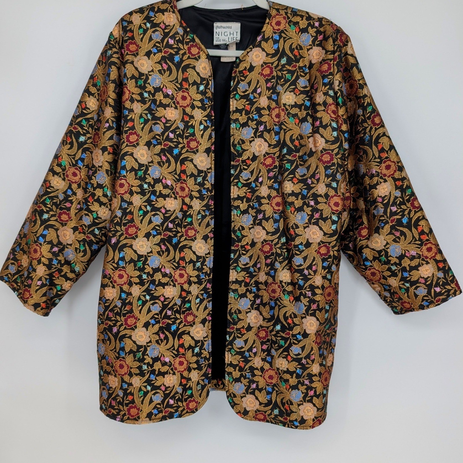 VTG 80s Satin Floral Brocade Jacket Womens M Black Gold Boho Chic Regency Whimsy