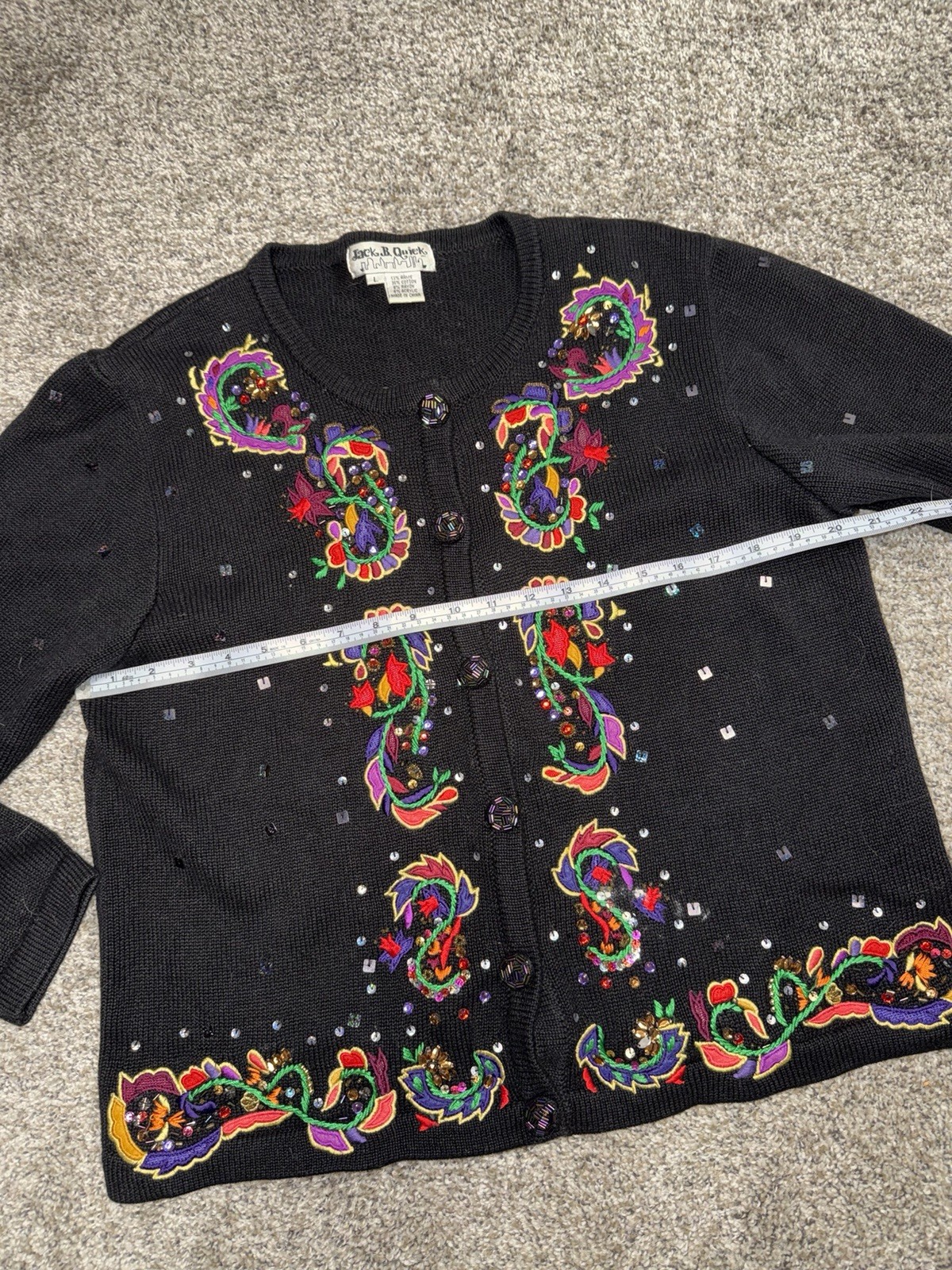 Jack B Quick Button Cardigan Sweater Size Large Sequins Beads Rhinestones Black