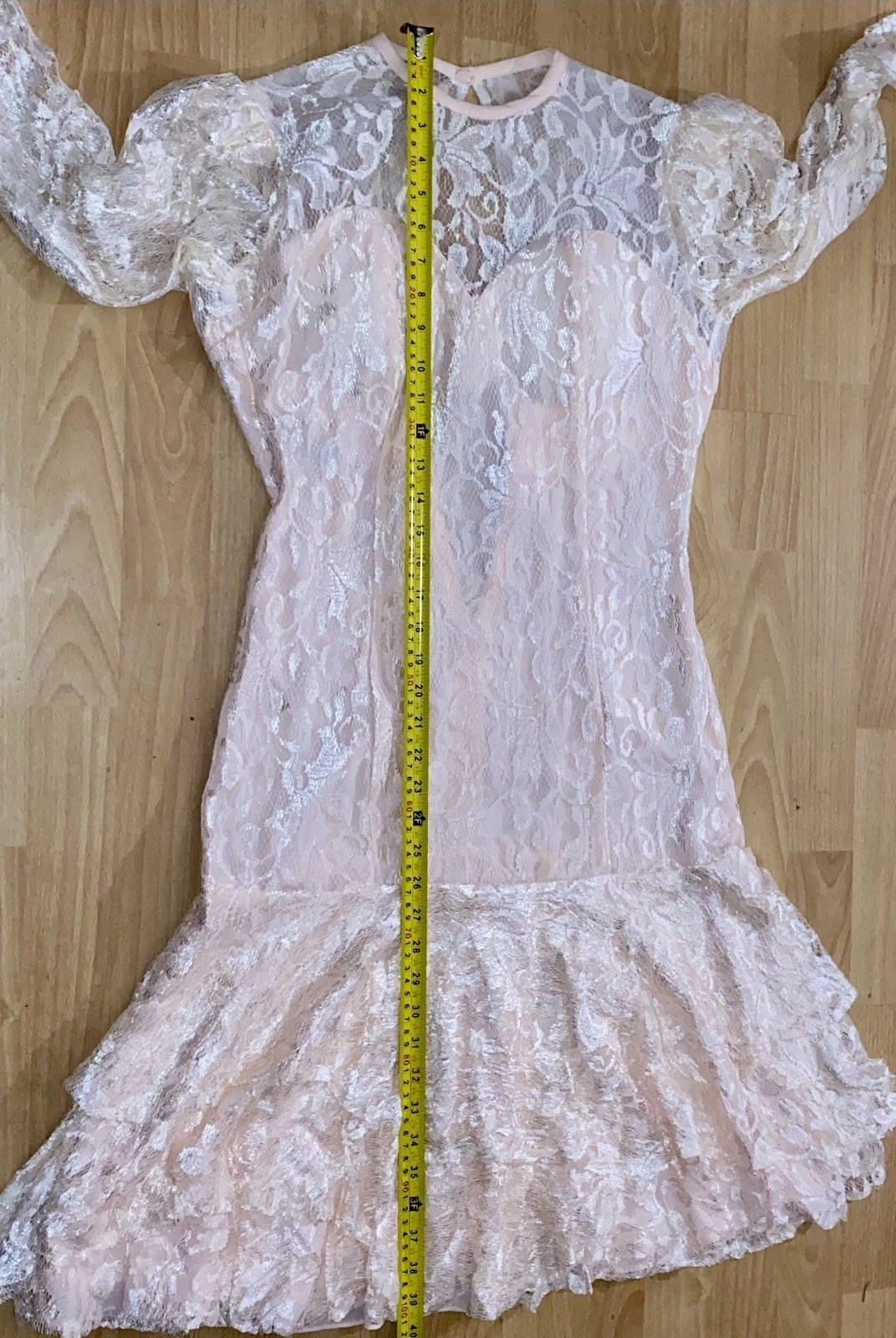 Vtg 80s Womens Victorian Ivory Lace Ruffle Prairie Prom Wedding Dress Sz 8 FLAW