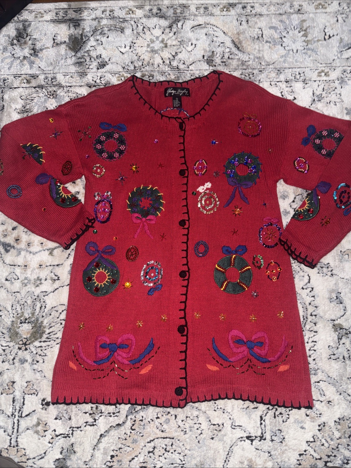 VTG Gladys Bagley Christmas Cardigan Knit SWEATER 1X Beads Rhinestone Embroidery