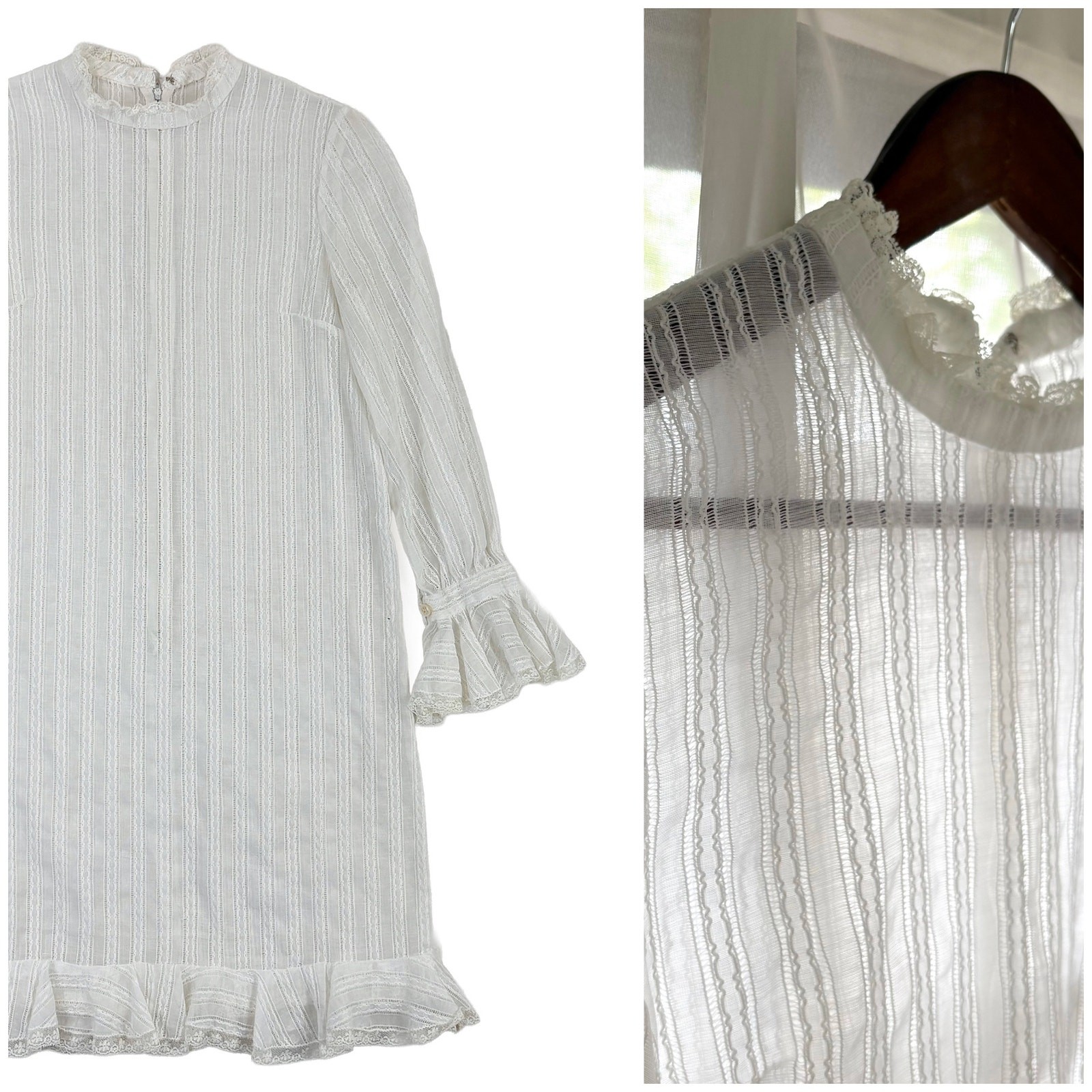 Vintage 60s Lace Shift Dress Womens XS S Off White Long Sleeve Ruffle Sheer Boho