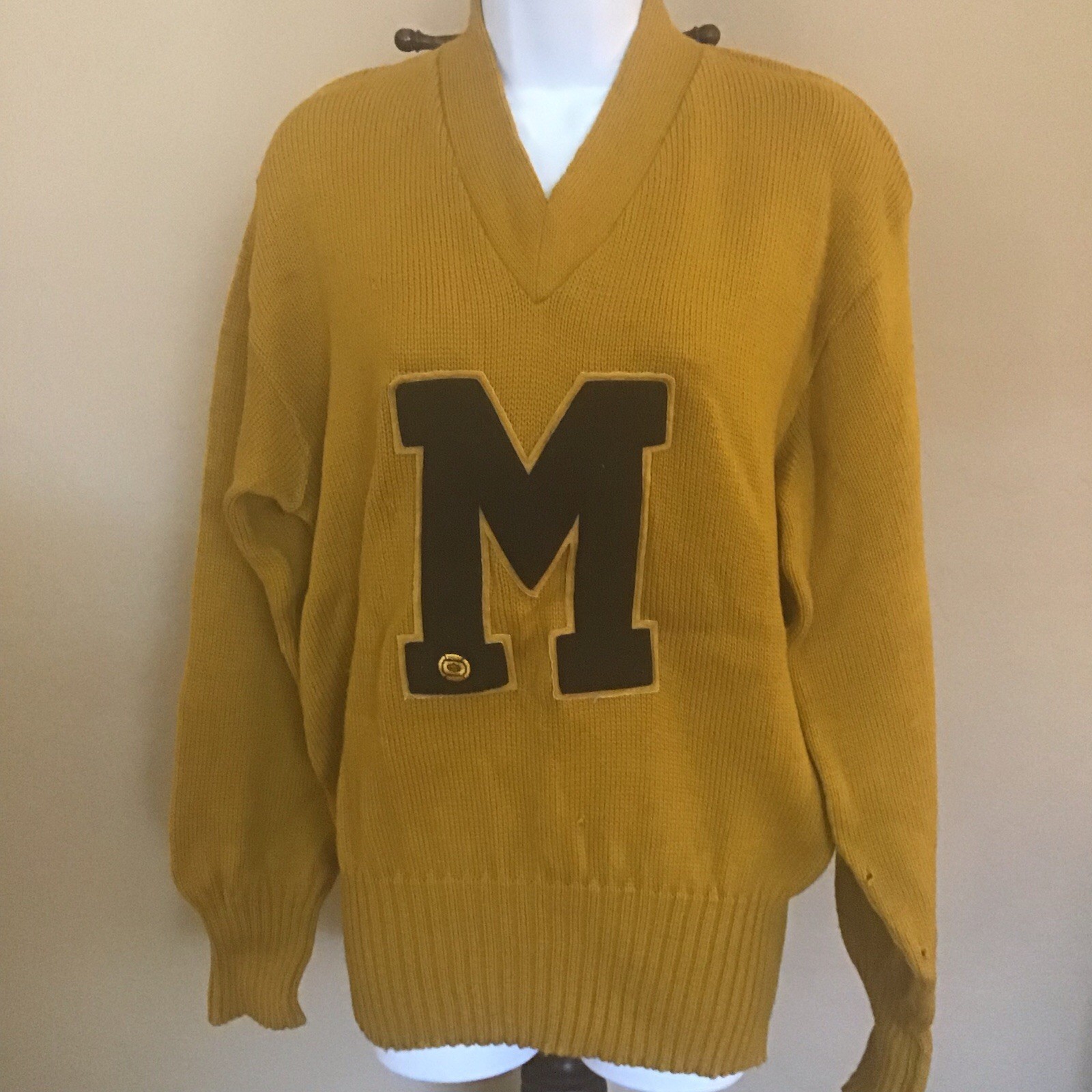 Vintage Letterman Sand-Knit Wool Varsity Sweater Mustard Yellow Size 42