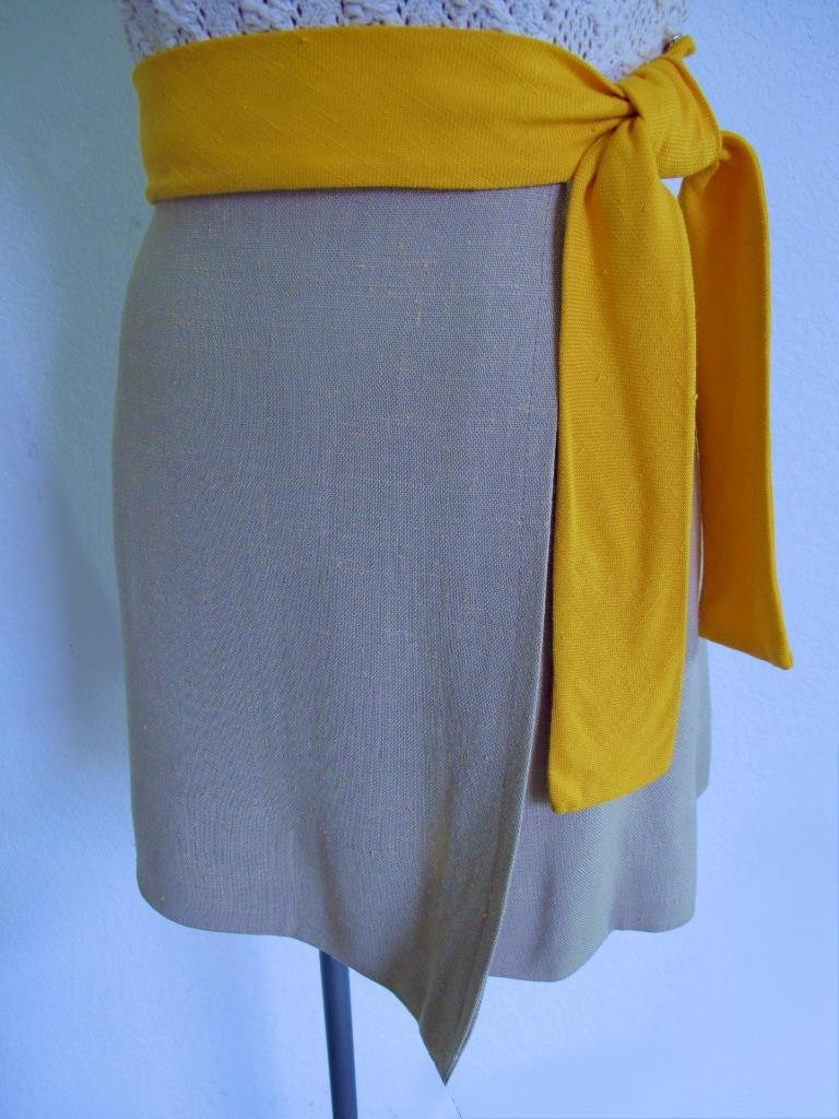 Vtg 60s Lanz Mod Mini Dress XXS Ivory Crochet Top Tan Skirt Orange Sash Autumn