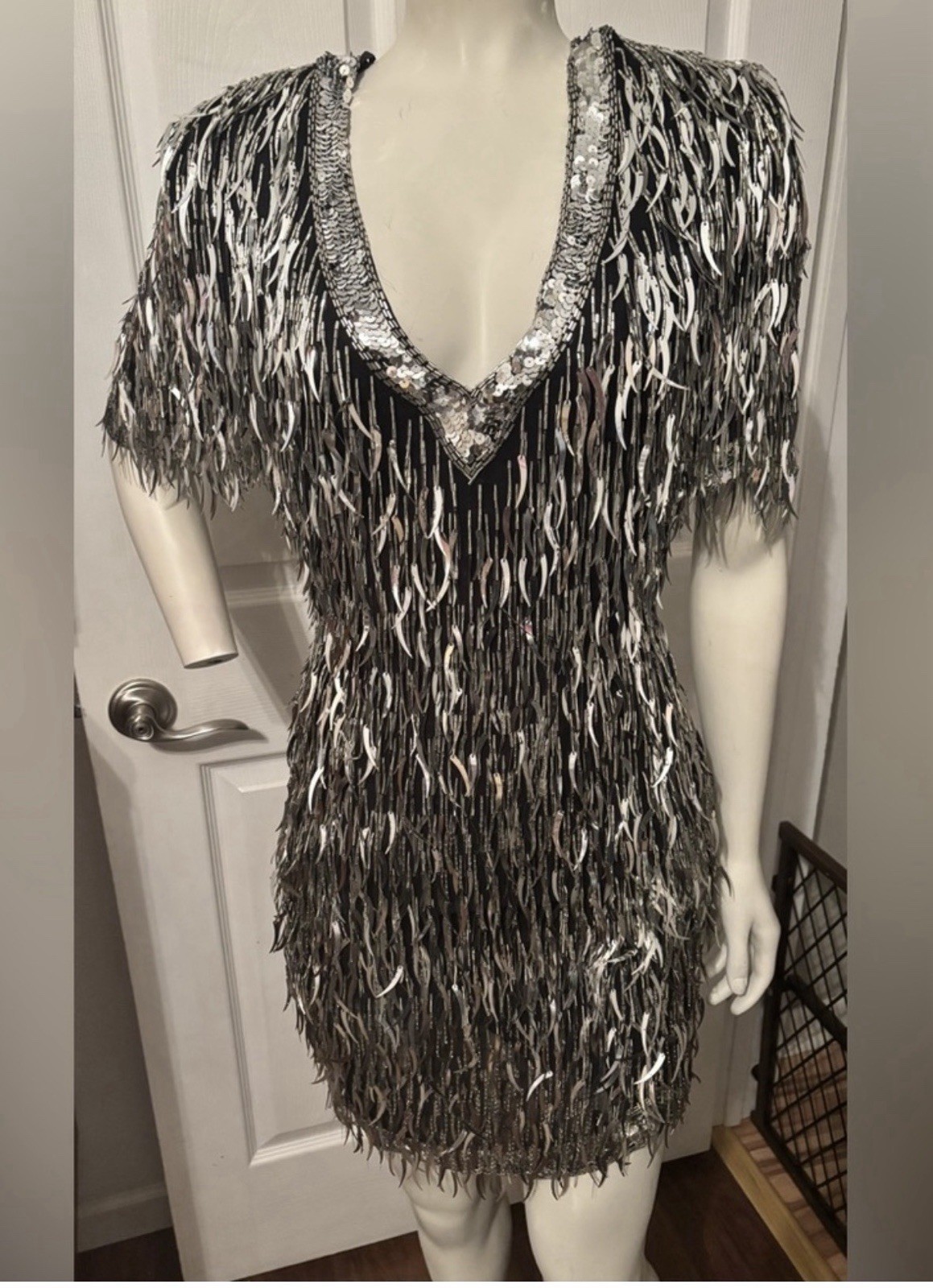 Vintage ShoMax Silver Metallic Tassil Mini Dress s