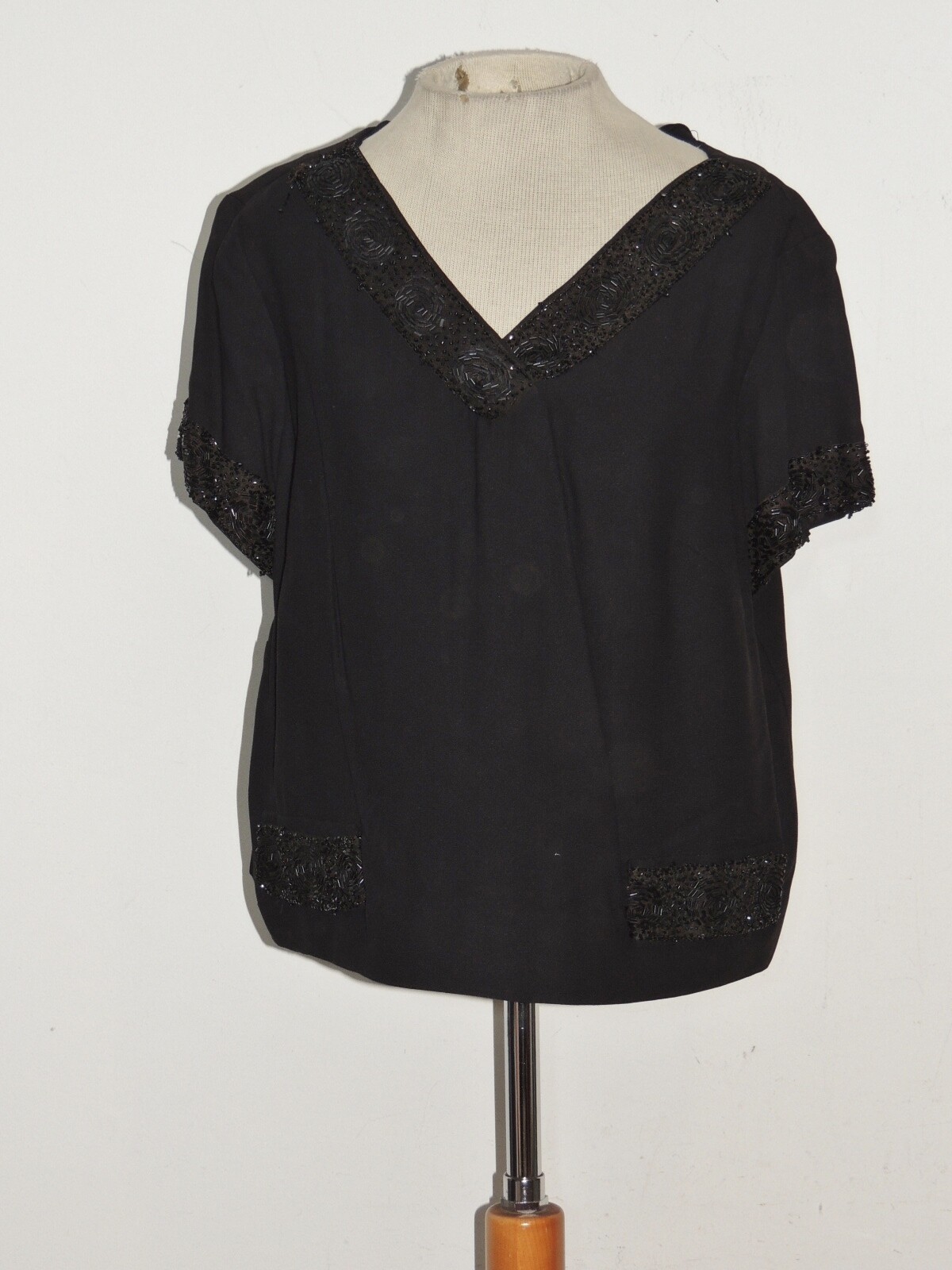 1960’s Black Crepe Blouse / Top w Beading MED – LG