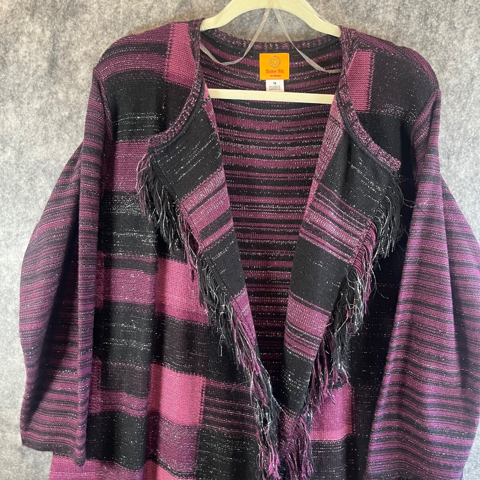 Ruby Rd. Womans Cardigan Jacket Open Frade Sz 1X Black Purple Pink