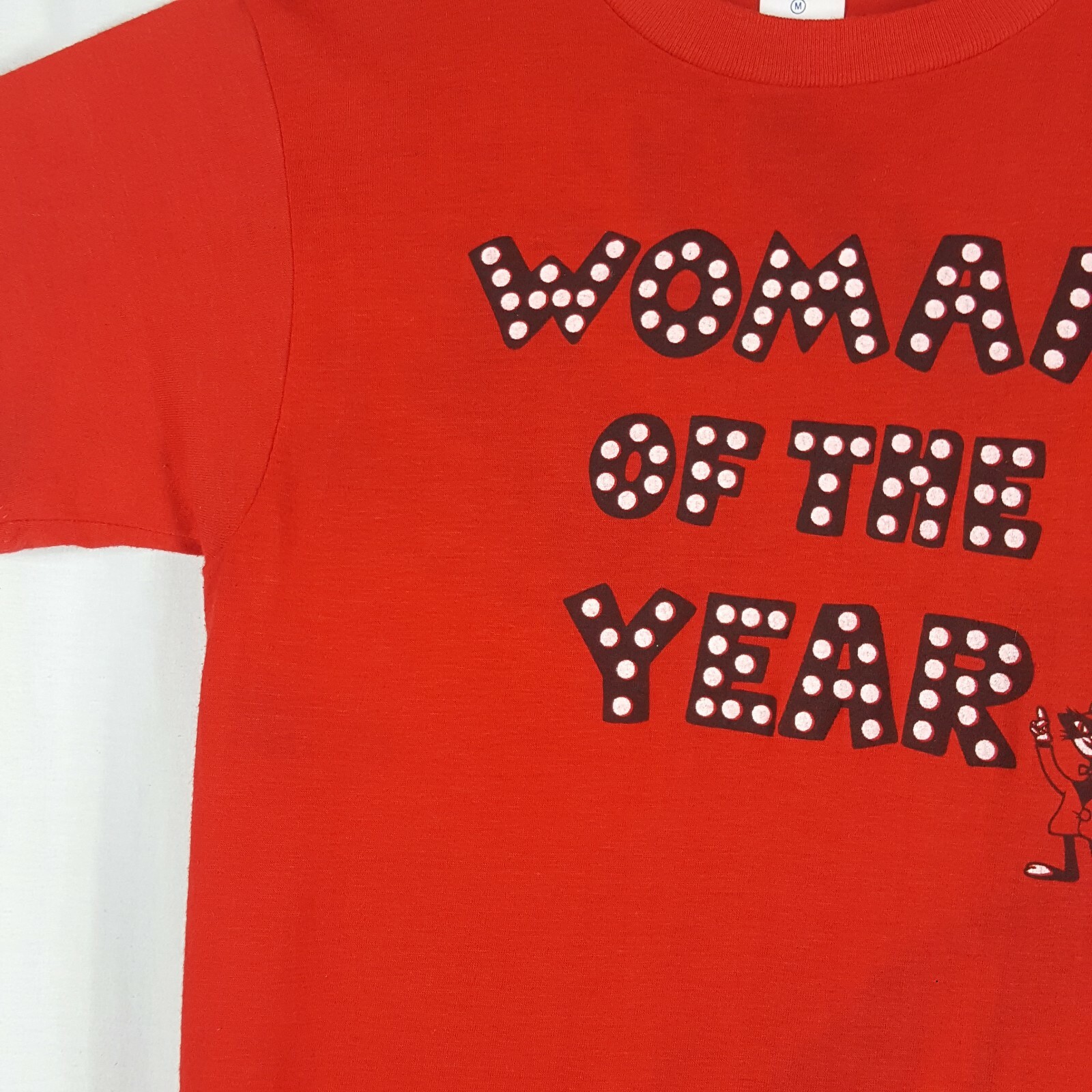 Vtg 80s Woman Of The Year T-Shirt M Red Cat Single Stitch 50/50 USA Ched Ladies