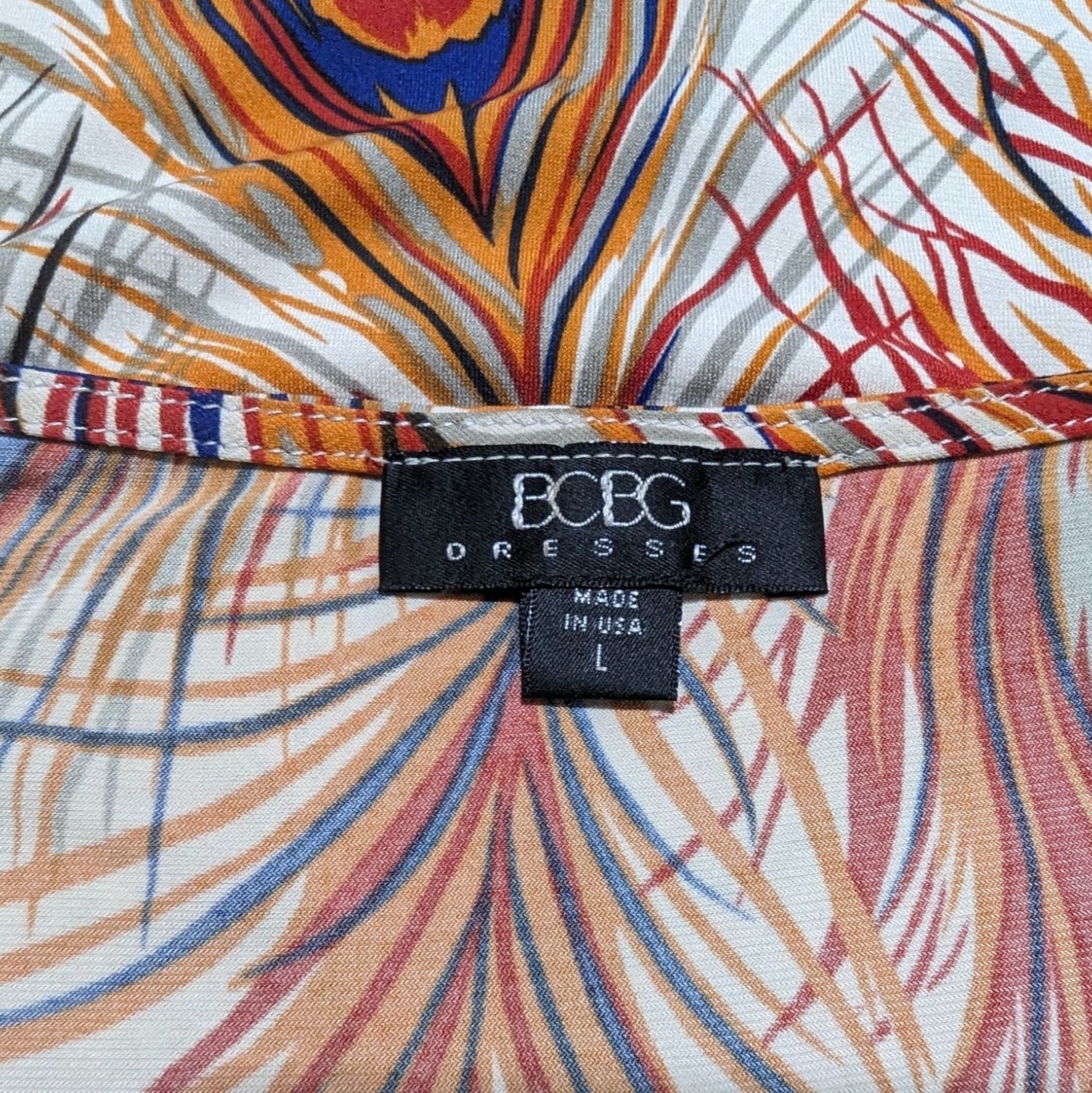 BCBG Dresses Large orange blue Peacock Feather print Vintage Empire Waist Y2K