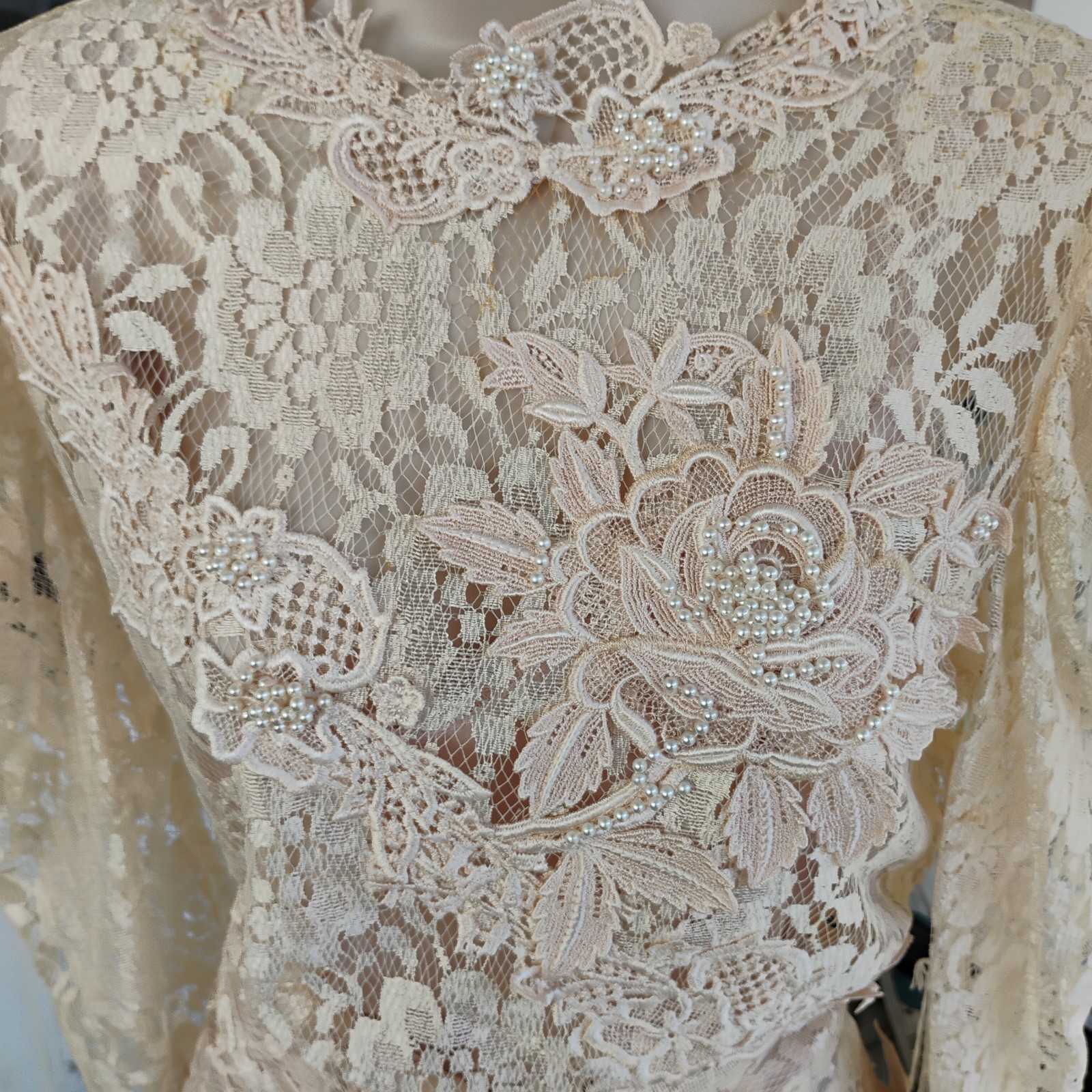 VTG Lorrie Kabala Lace Wedding Gown 3 Pc Size 8 Champagne Cream Pearl Beaded NWT