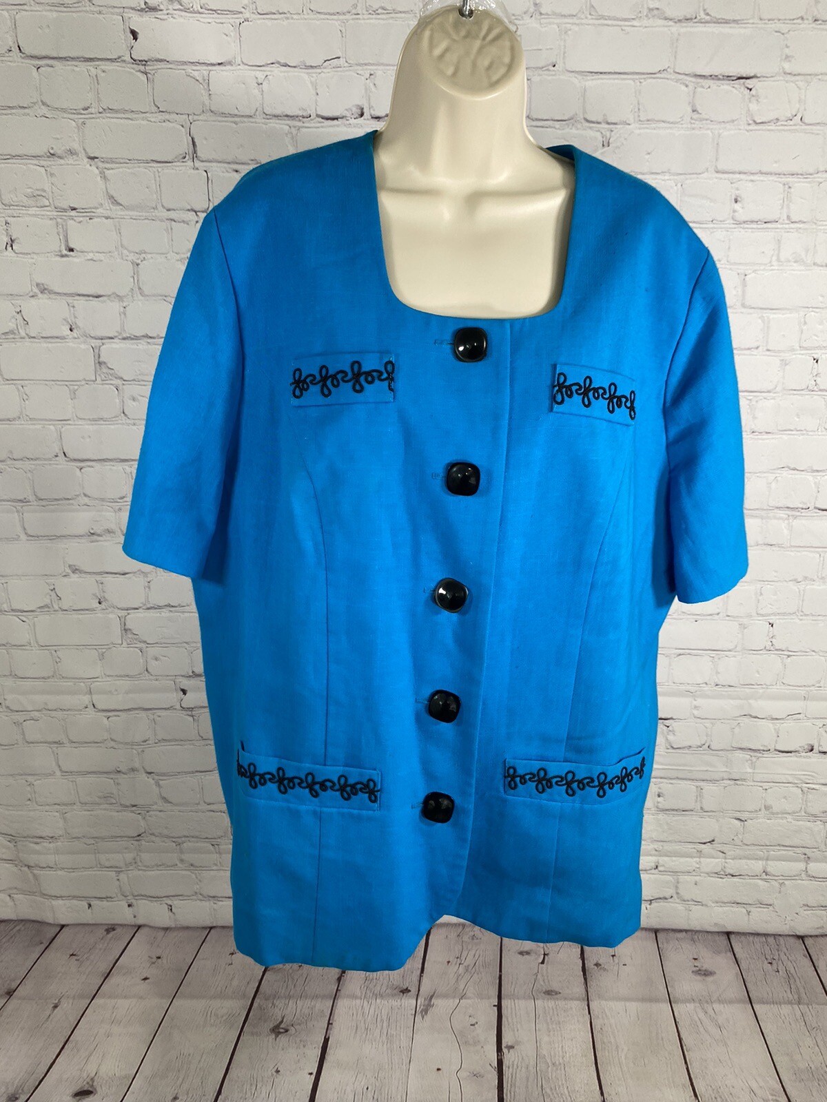 VTG Leslie Fay Blue Black Embroidered Button Up Tunic Blouse Women’s PXL