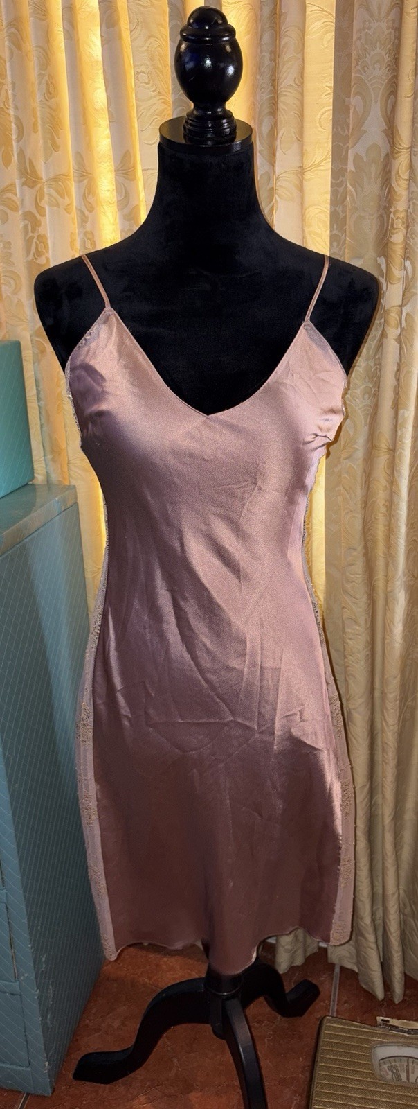 Victoria’s Secret Satin Slip Dress S Mauve Pink Sheer Lace Side Panels Nightie