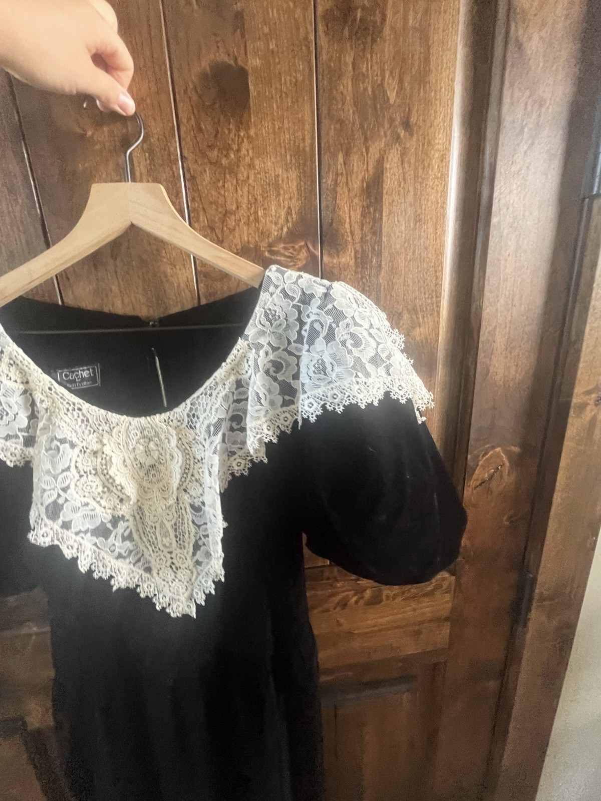 Vintage Cachet by Bari Protas Black Velvet Lace Collar Dress 80s Victoriana 5/6