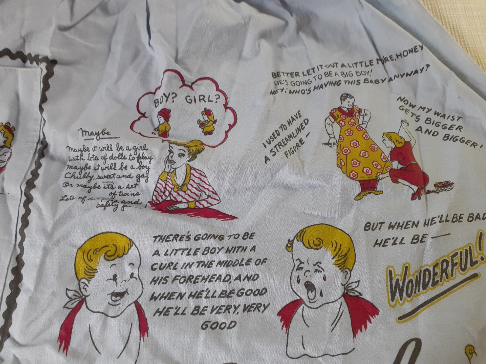Vintage 1955 M. Setton Blue Expectant mother Comical Apron Baby Shower Gift !!