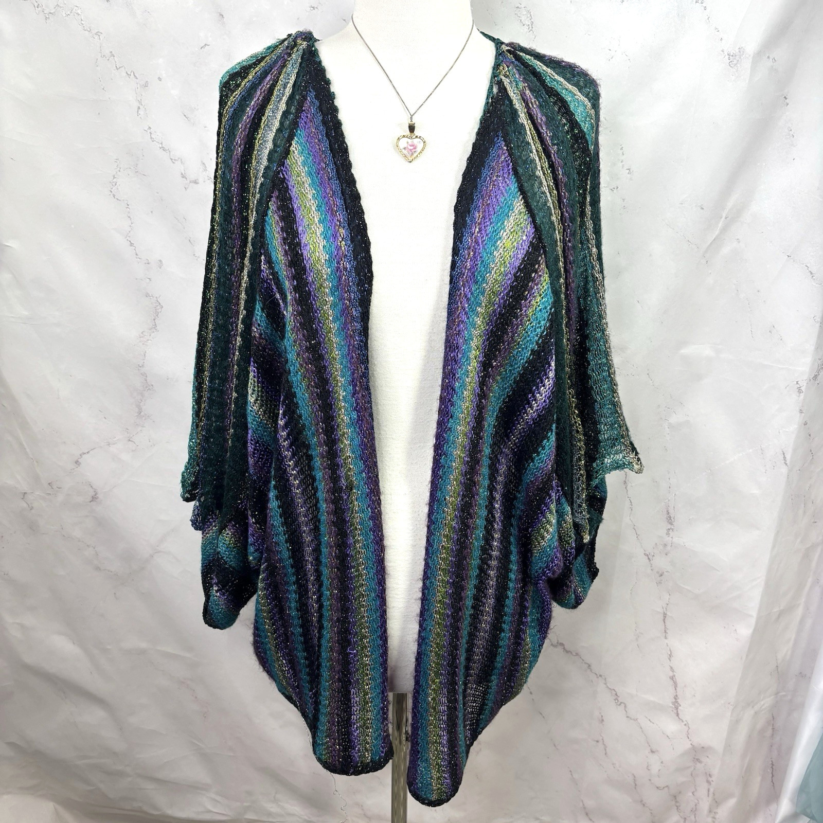 Vtg Mali Firenze Metallic Knit Cardigan Slouchy Duster Kimono Shrug Whimsigoth