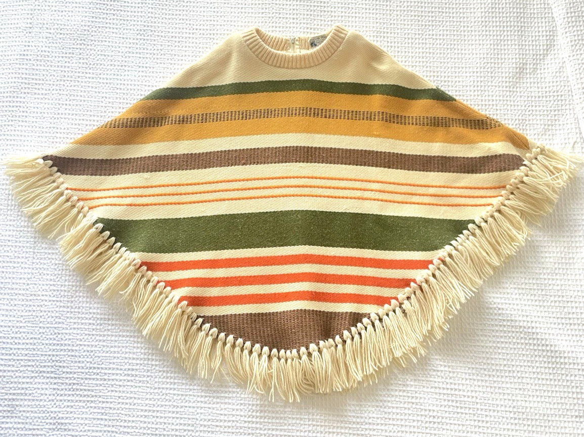 Vintage 70s Poncho Cape Madawaska Weavers Handwoven Wool Fringe Canada Striped