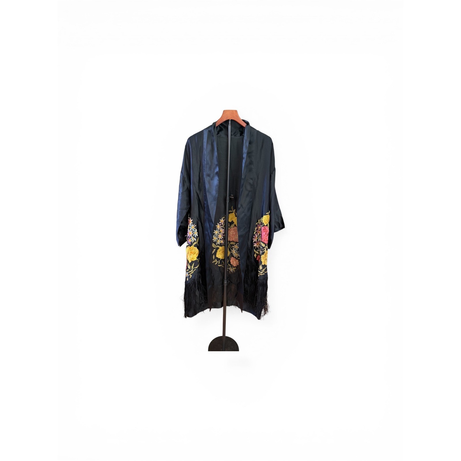 Vtg roaring 20s Embroidered Piano Shawl Kimono Black Fringe Duster Robe boho L