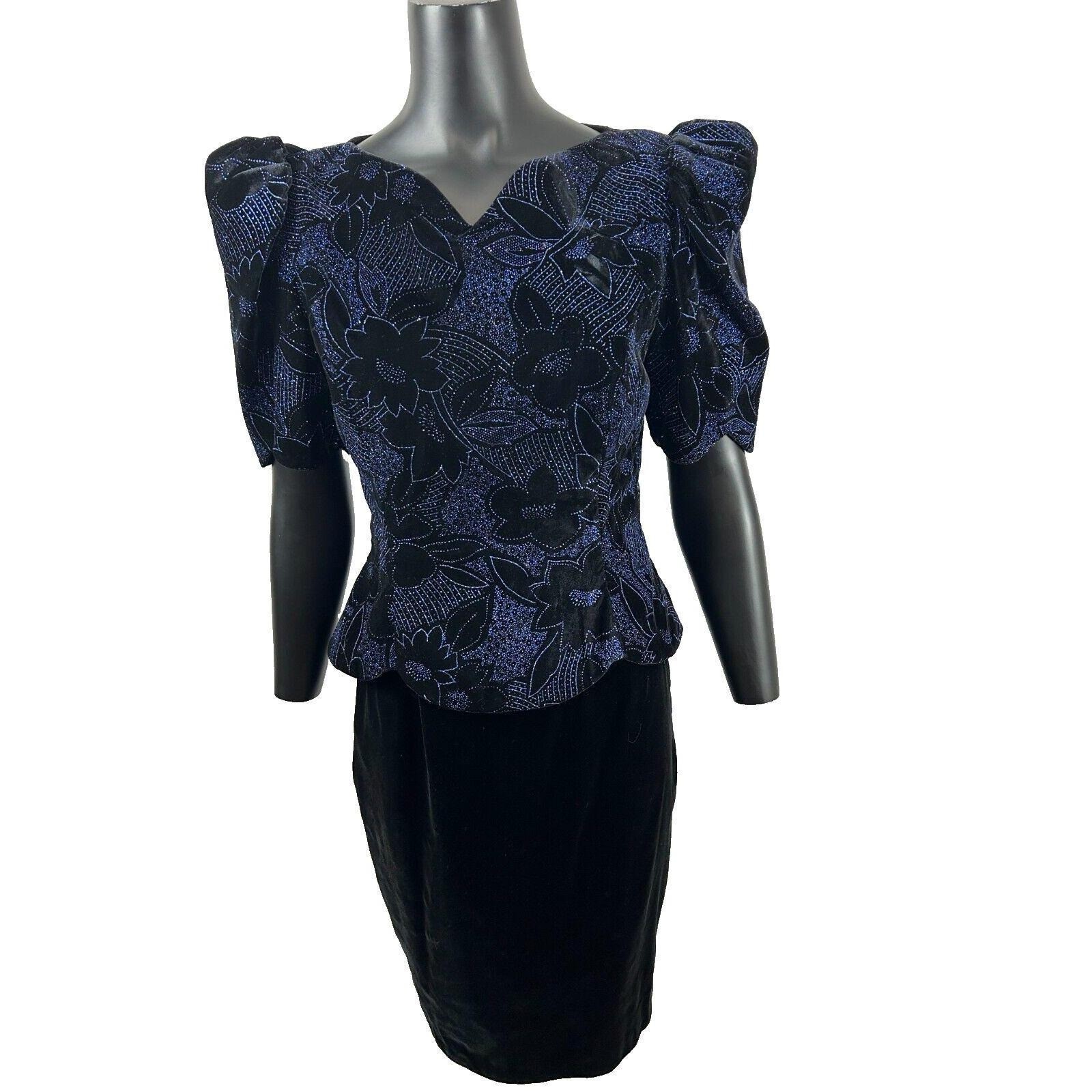 Vintage 80s Scott McClintock Dress 10 Blue Black Velvet Bow Cocktail Puff Sleeve