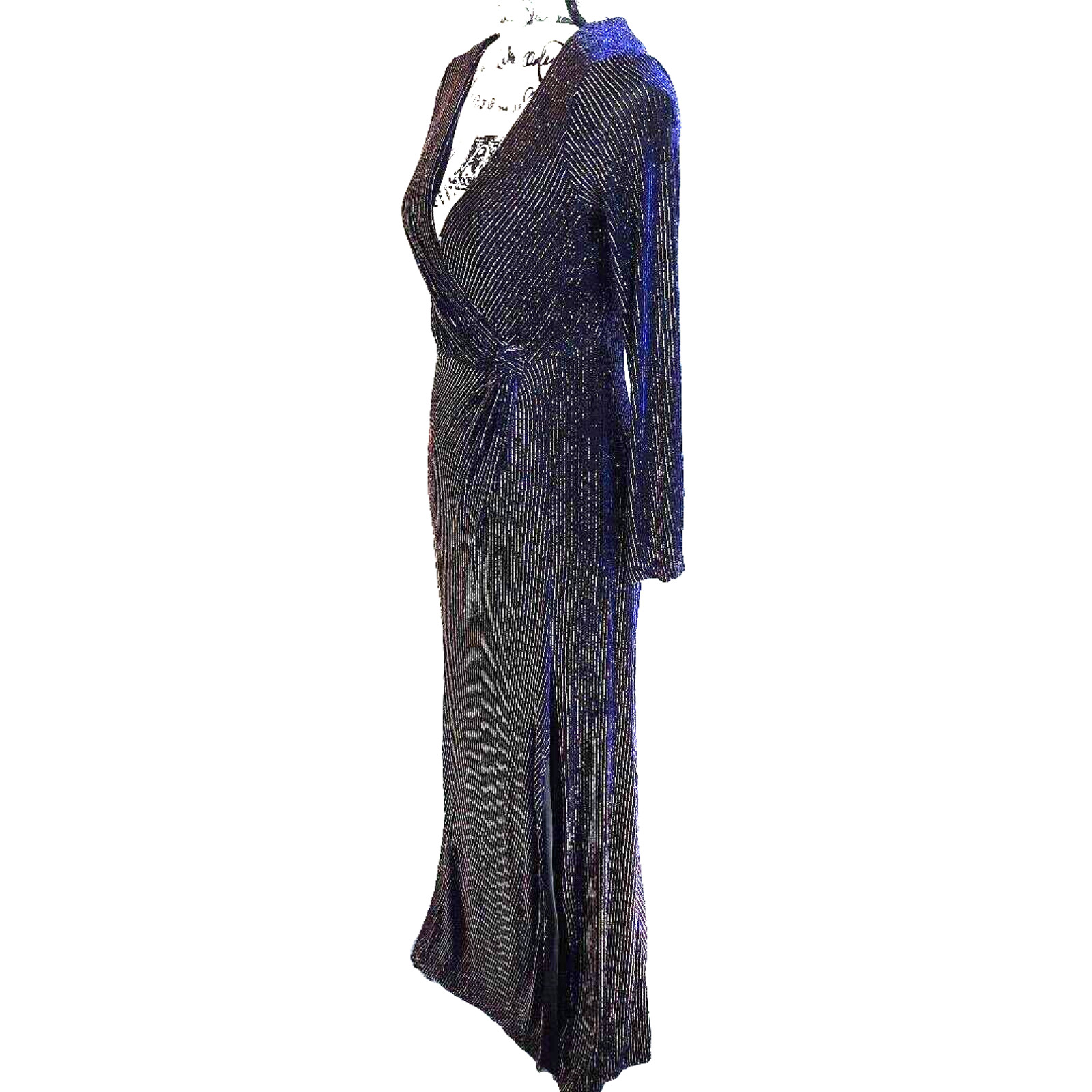 Vintage 90s Metallic Faux Wrap Maxi Dress Size 4 Black Blue Whimsigoth Event