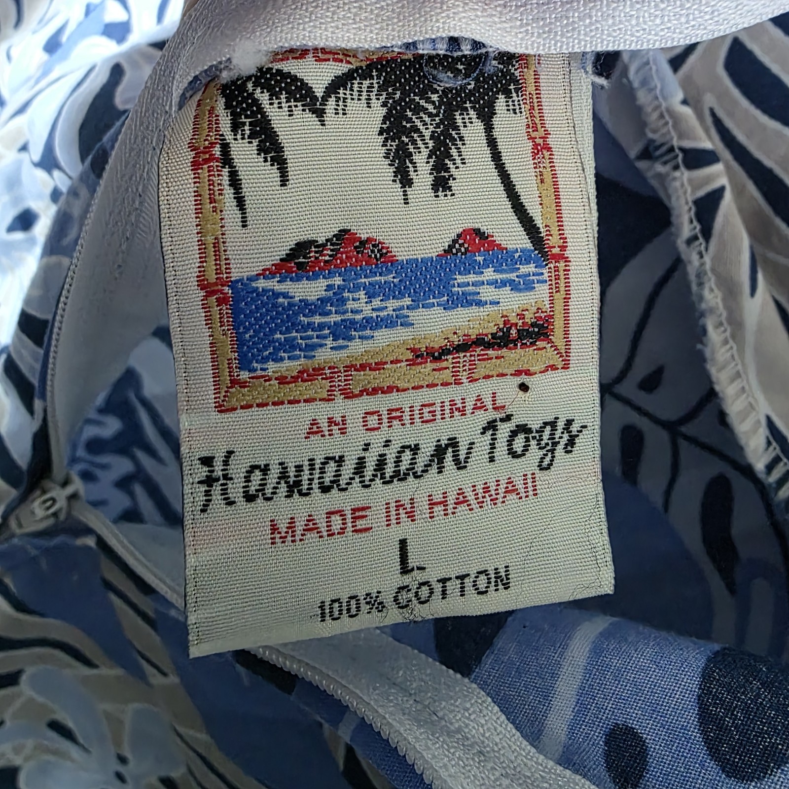 Vintage Hawaiian Togs Dress L Blue Tropical Floral Maxi Puff Sleeve Luau USA 70s
