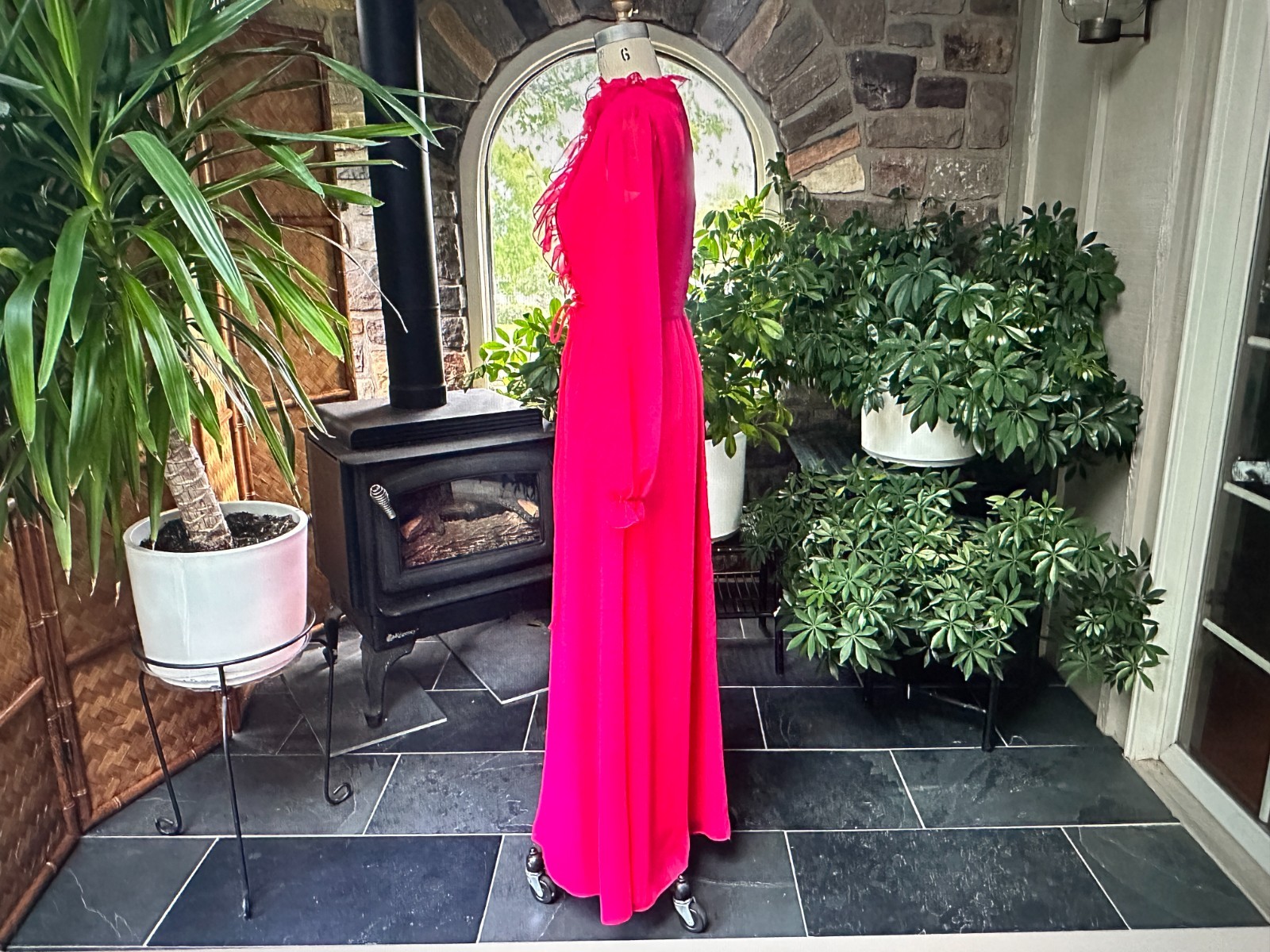 Vintage 1970s Deep Pink Chiffon Bridesmaid Dress Veil Hat House Bianchi Boston