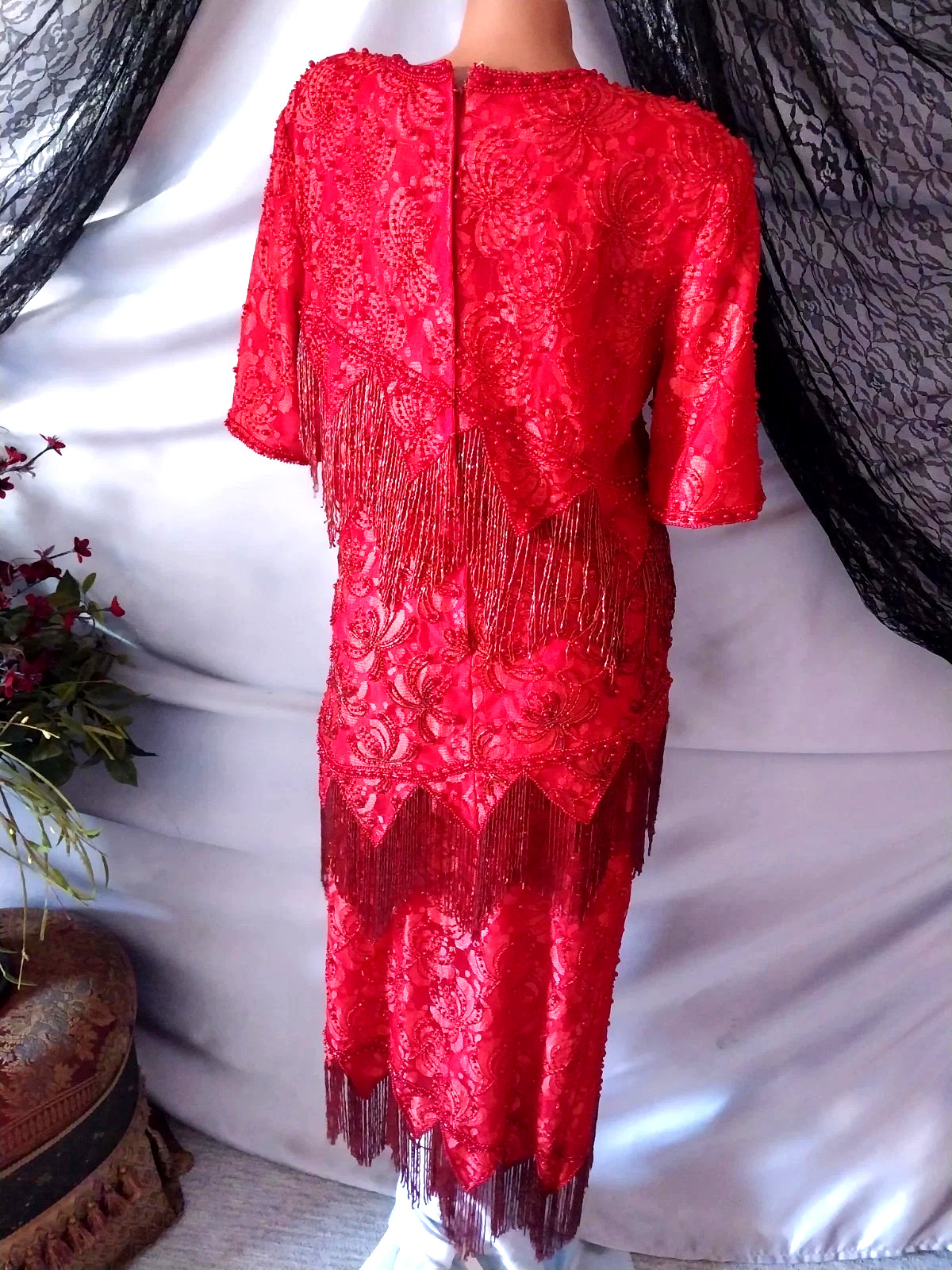 VTG FLAPPER BEADED FRINGE RAGTIME GATSBY 20S STYL RED SKIRT BLOUSE DRESS SET 42