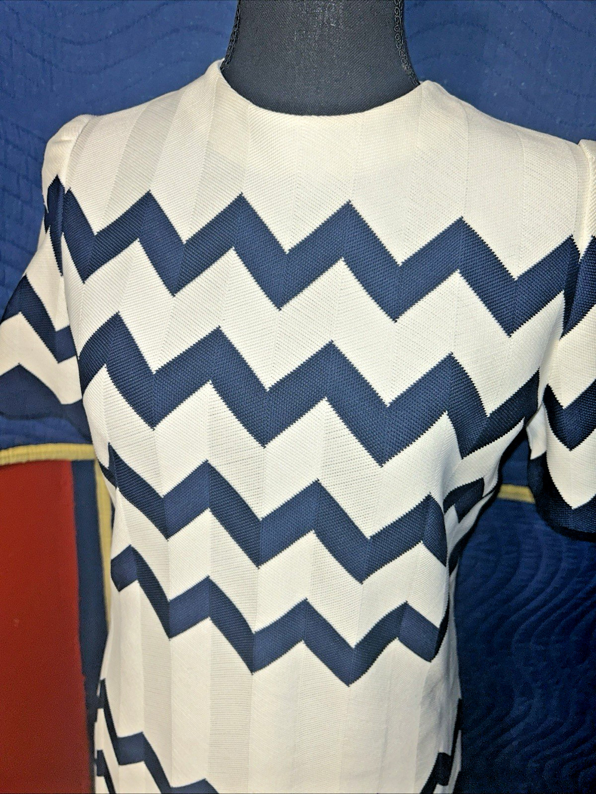 Dalton in Trevira Classic Vintage Dress White with Angled Blue Stripes Size S