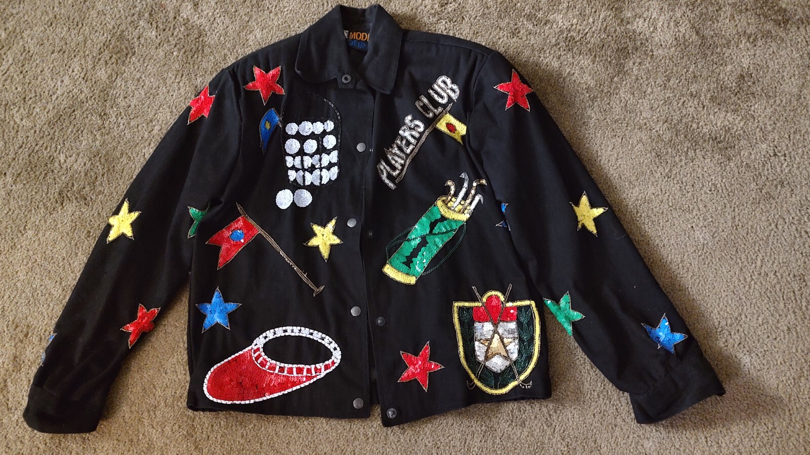Vtg 80s MODI DENIM Sequin Embroidered Golf Theme sz 6-8 Snap Chromatic Jacket