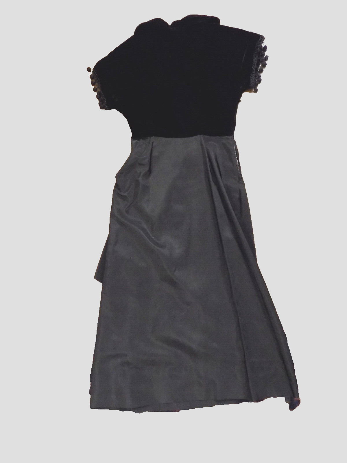 50s True Vtg Taffeta Dress Velvet V neck Tassel trim Cascade Skirt Crinoline XS