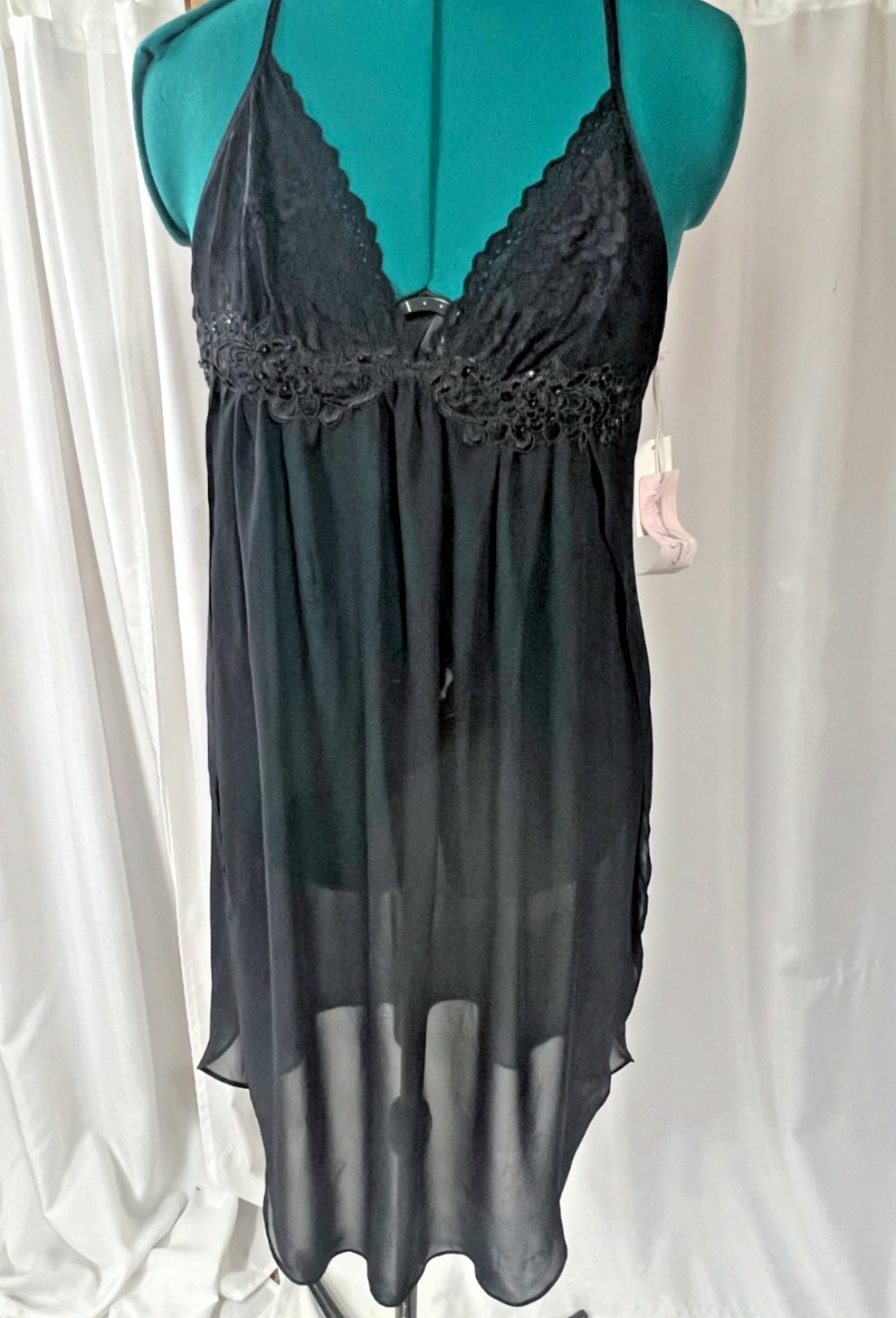 LINEA DONATELLA BLACK CHIFFON & BEADED LACE STRAPPY BACK NIGHTGOWN SZ M