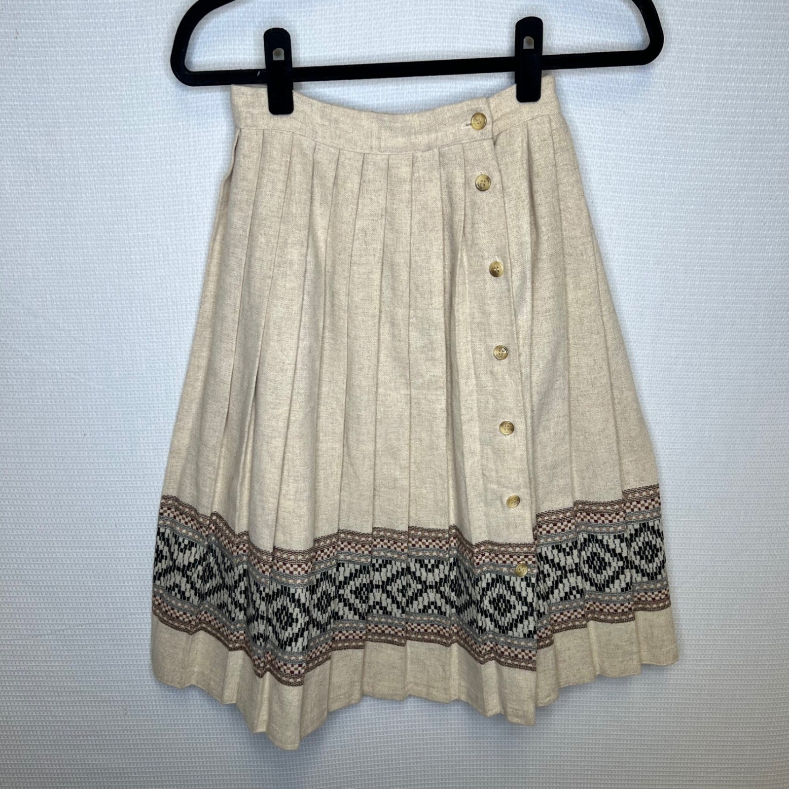 Vintage Oatmeal Beige Pleated Skirt Wool Button Front Geometric Border Size 0