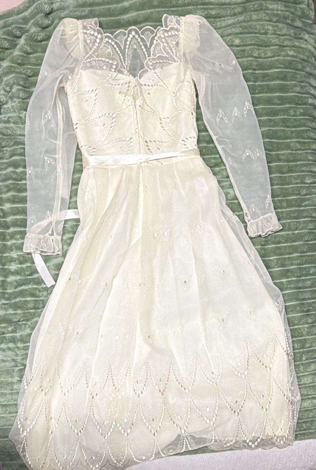 Vintage Ivory Lace Organza A-Line Dress Long Sleeve, NO SIZE MEASUREMENTS SHOWN