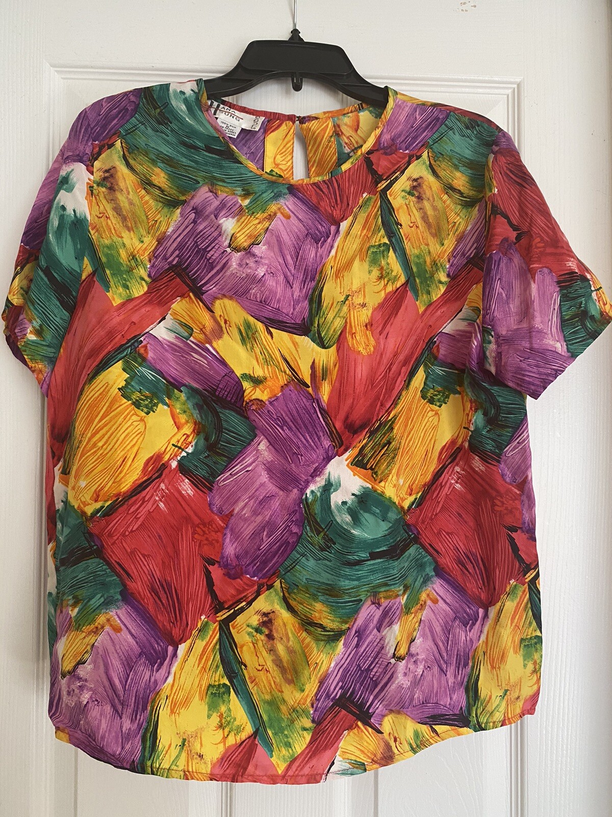 Vintage Hana Sung Studio 100% Silk Blouse Medium Multicolored Artsy Bold Career