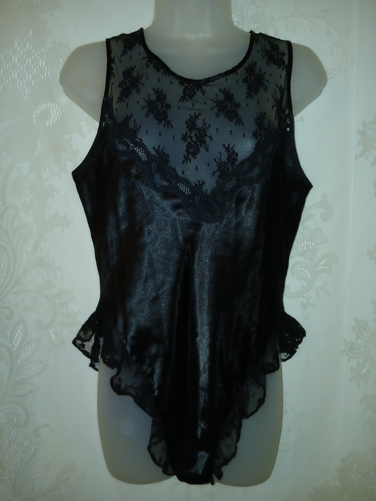 Vintage 90s Delicates Black Satin Sheer Lace Teddy Snap Crotch Bodysuit Gothic M