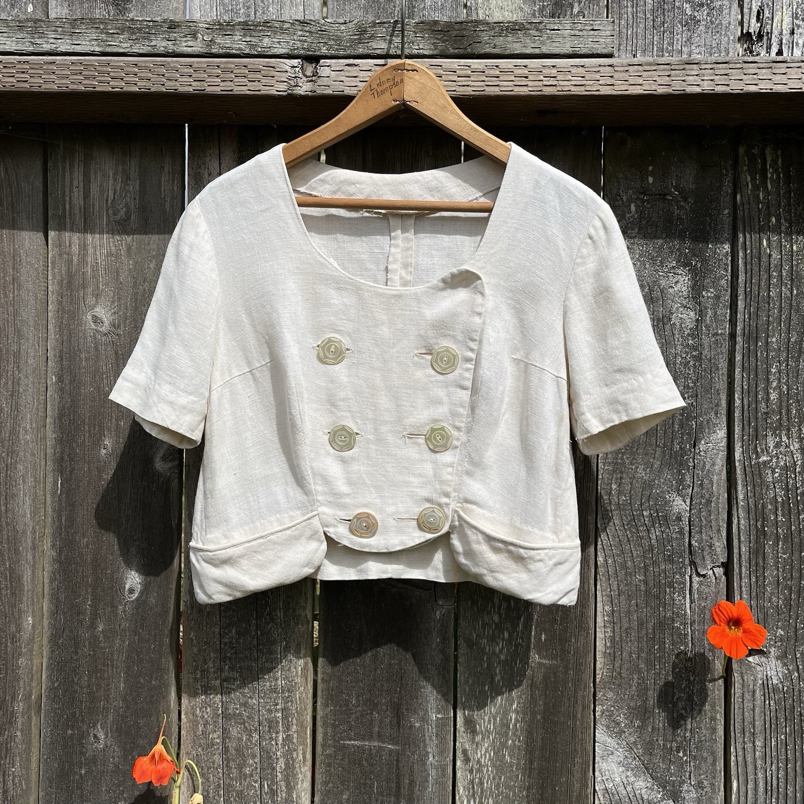 Antique 1910s – 1930s Linen Blouse | Double Breasted | Mother-of-Pearl Buttons