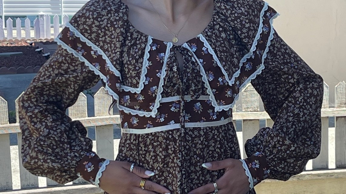 Vtg 1970s Gunne Sax Style Brown Calico Prairie Dress Ruffle Midi Small~Tag Cut