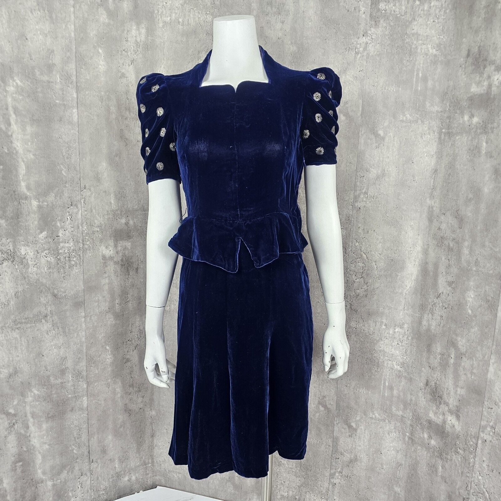 Vintage 30s Fashion Originators Guild Label Cobalt Blue Silk Velvet Peplum Dress