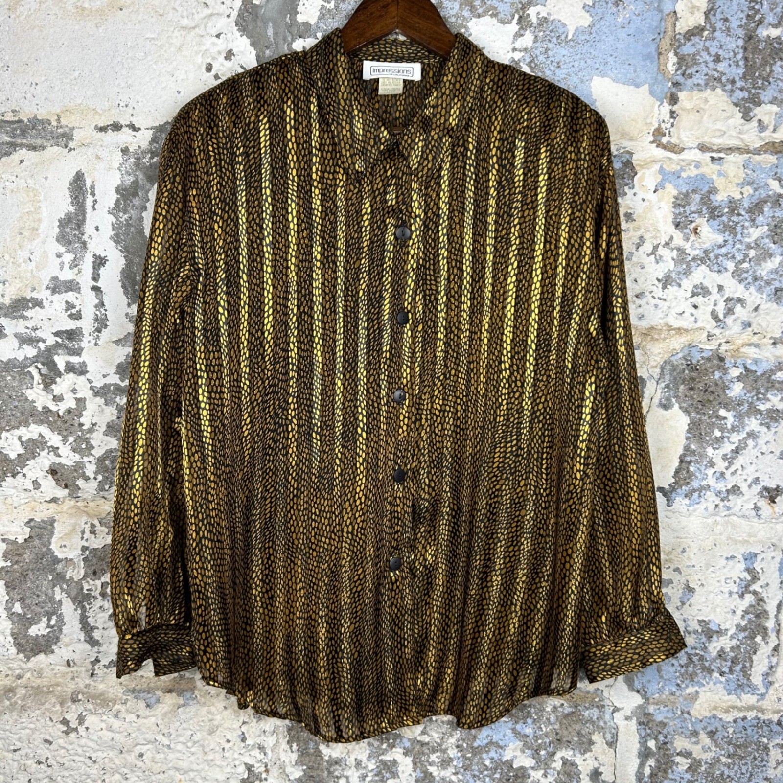 Vintage Impressions of California Gold Black Metallic Stripe Blouse Top Large
