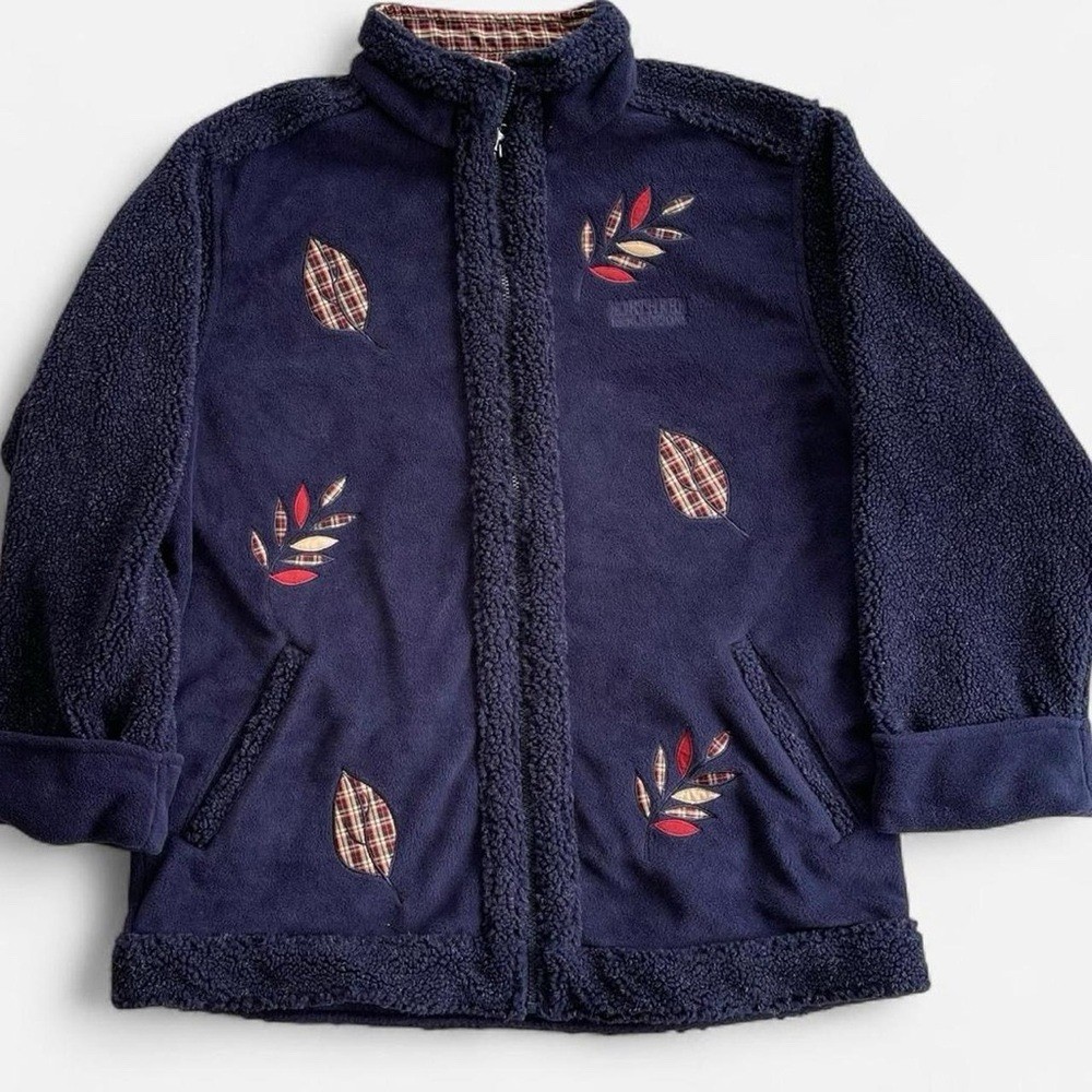 Vintage Northern Reflections Navy Blue Fleece Embroidered Plaid Leaves Jacket L