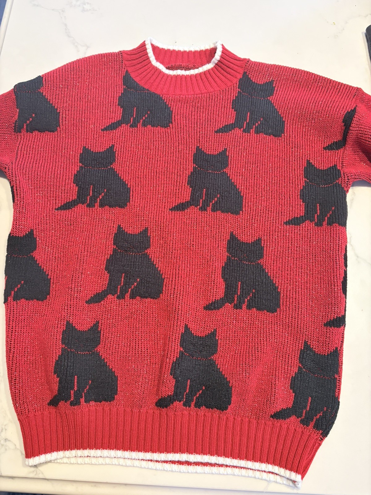 Vintage Red Metallic Cat Sweater with Black Cats and White Hearts Arielle Style
