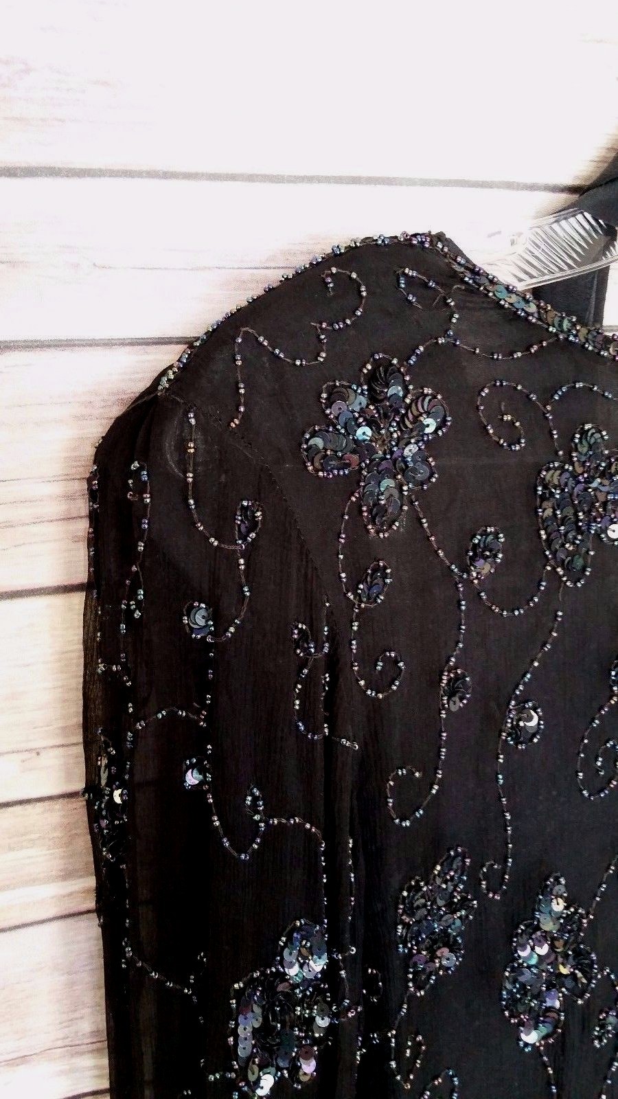 Vintage Royal Feelings Beaded Top Blouse Sheer Sleeves V-Neck 100% Silk Size M