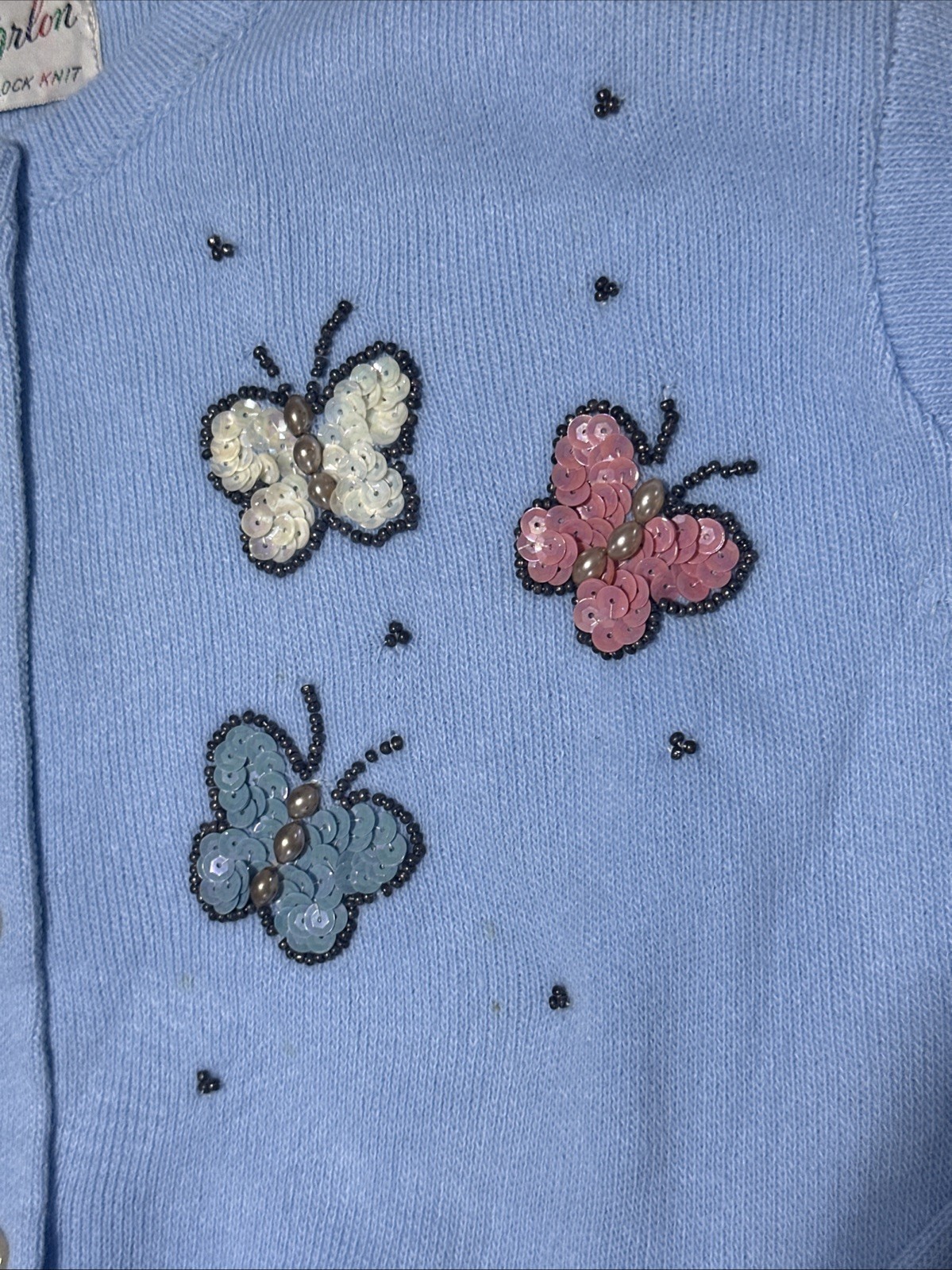 NOS Vtg 1950s Turbo Orlon Cardigan Sweater Baby Blue New 34 Sequined Butterfly