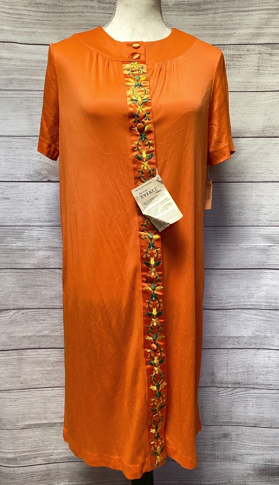 Vintage 1960s Orange Button Front Housecoat Robe Size 14 Pockets Acetate Tricot