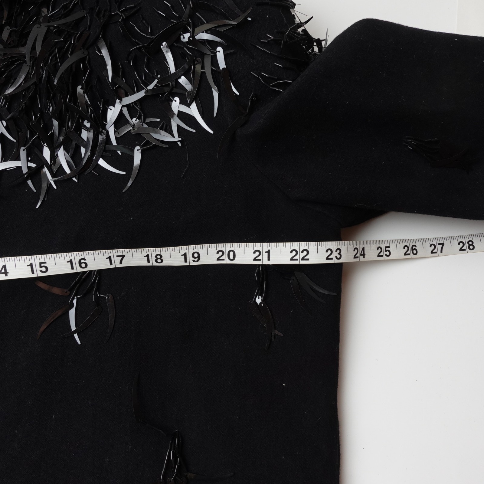 Vintage Modi Denim Feather Sequin Jacket Women Size Large Black Beaded Fringe