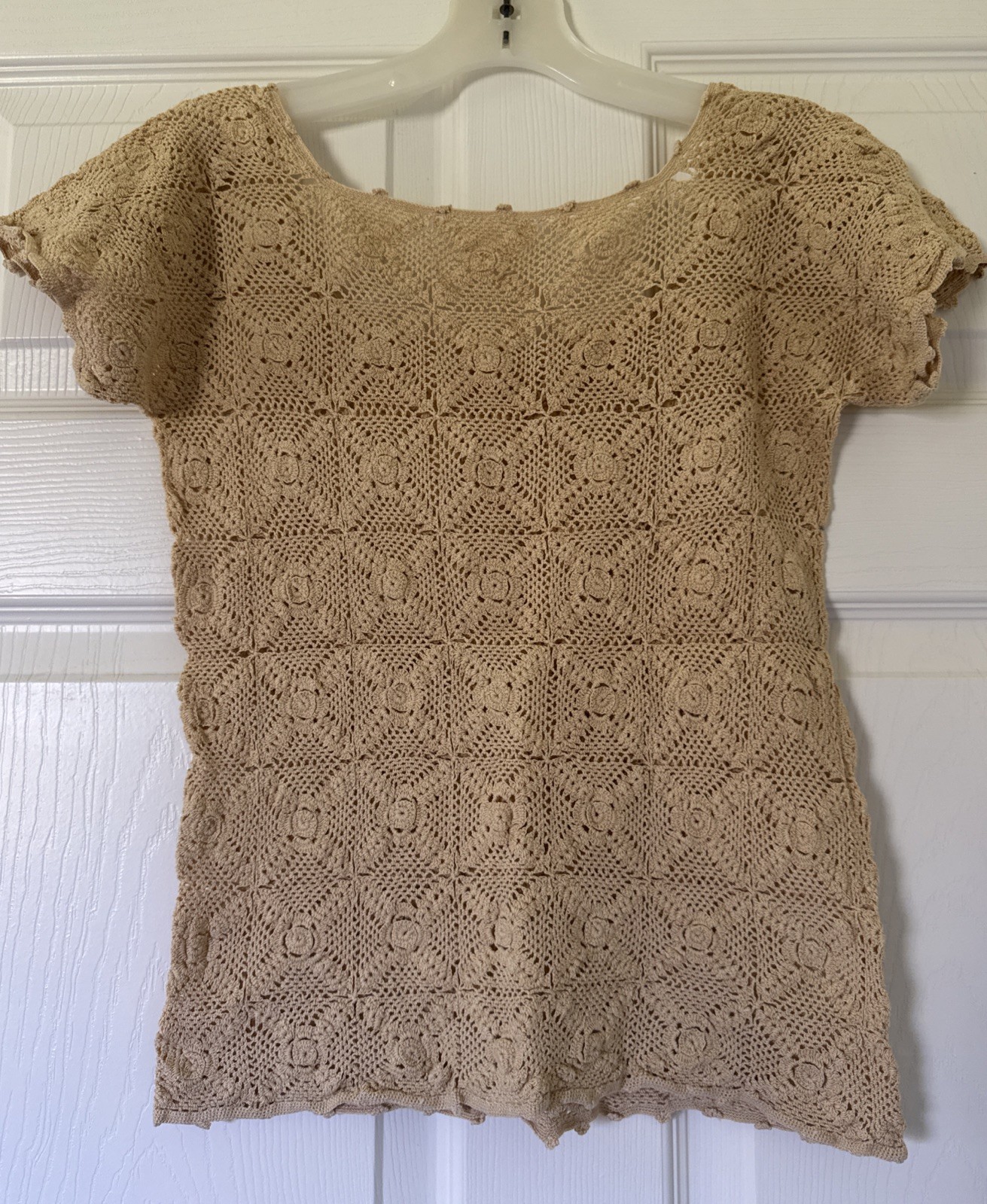 Vintage crocheted, boho, Possible 1960S shirt handmade Cream/yellow, Beach