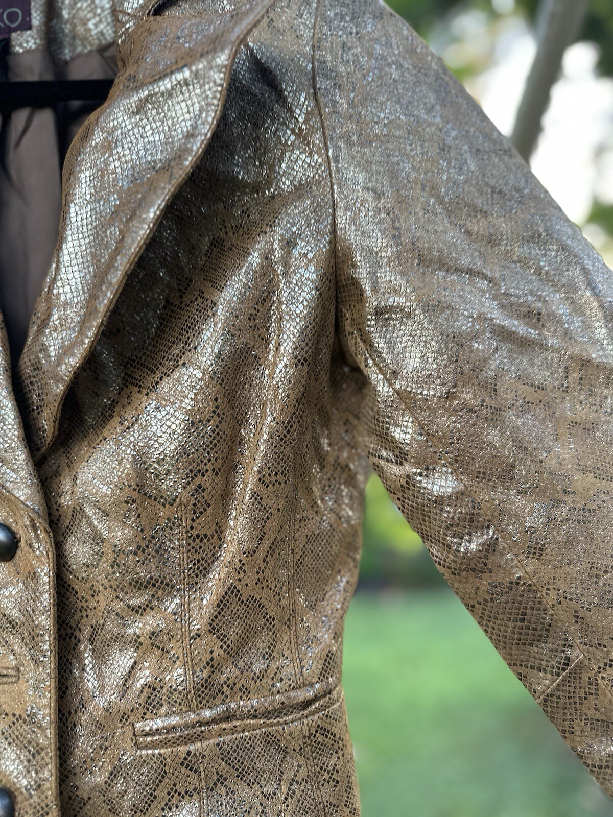 Vtg 90’s Designer Vakko Blazer Leather Jacket Metallic Snake Print Mustard Sz8