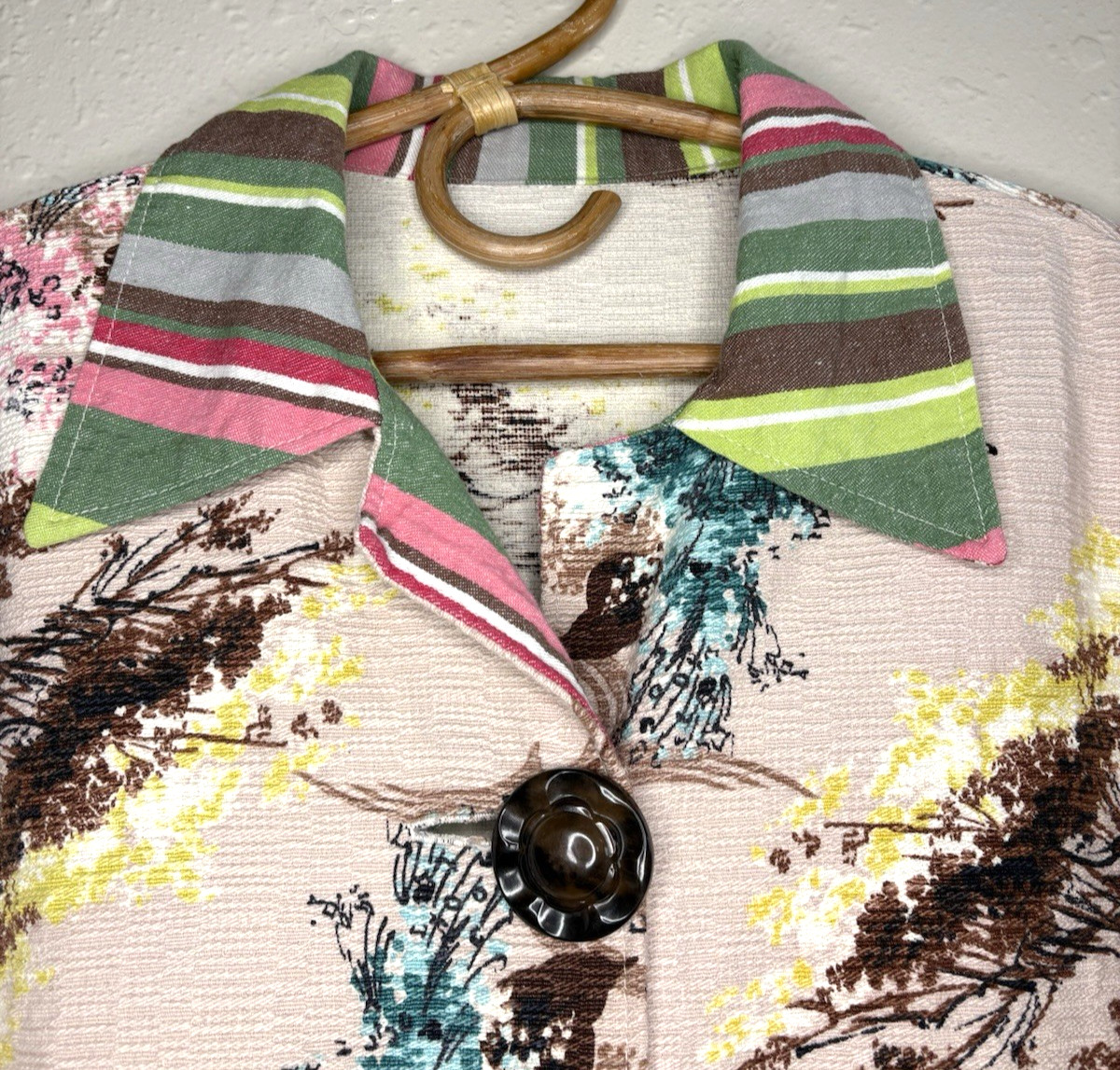 Vintage Mod 60s 70s Barkcloth Patio Chore Jacket Tropical Colorful Women’s XL 1X
