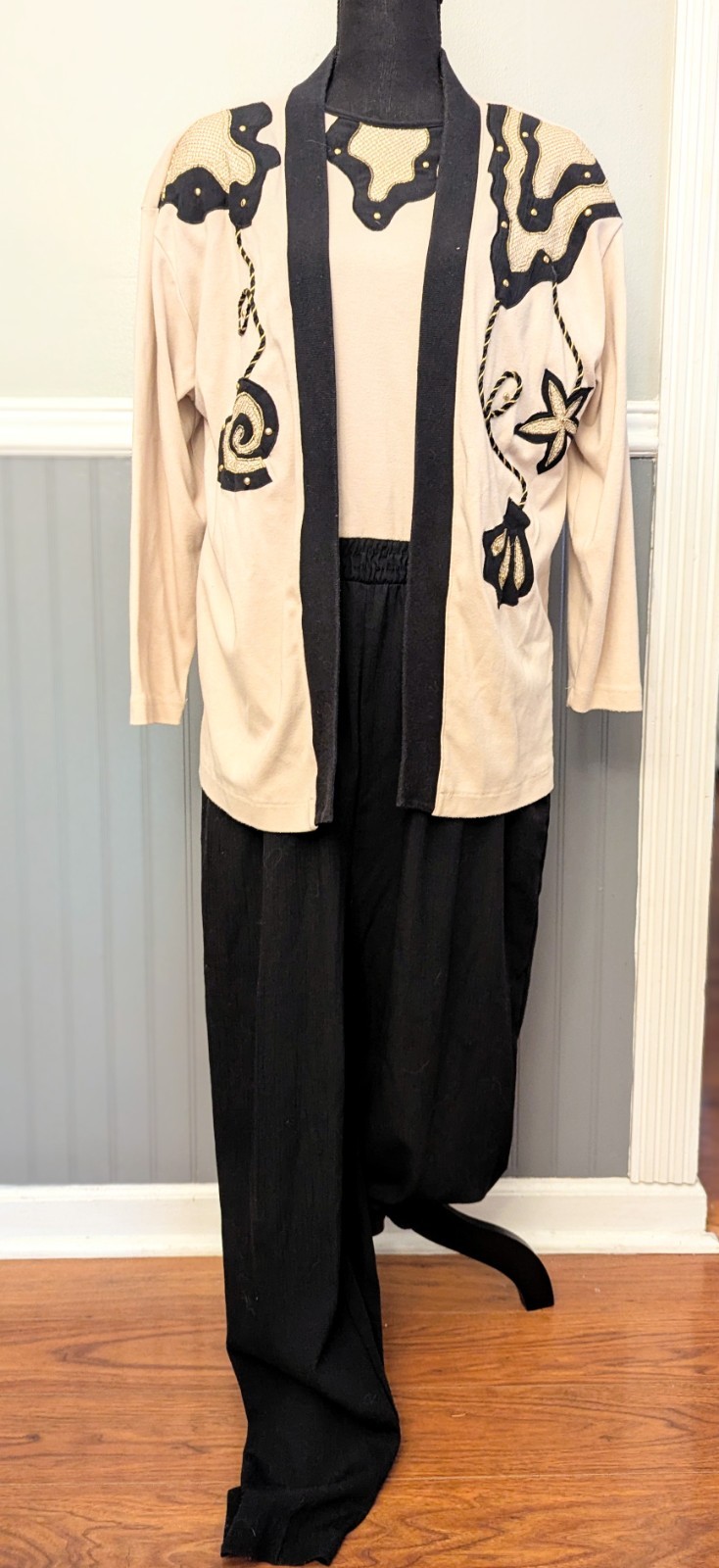 Vintage Rafael 80s Cream & Black Gold Embroidered Jumpsuit and Jacket Set Sz L