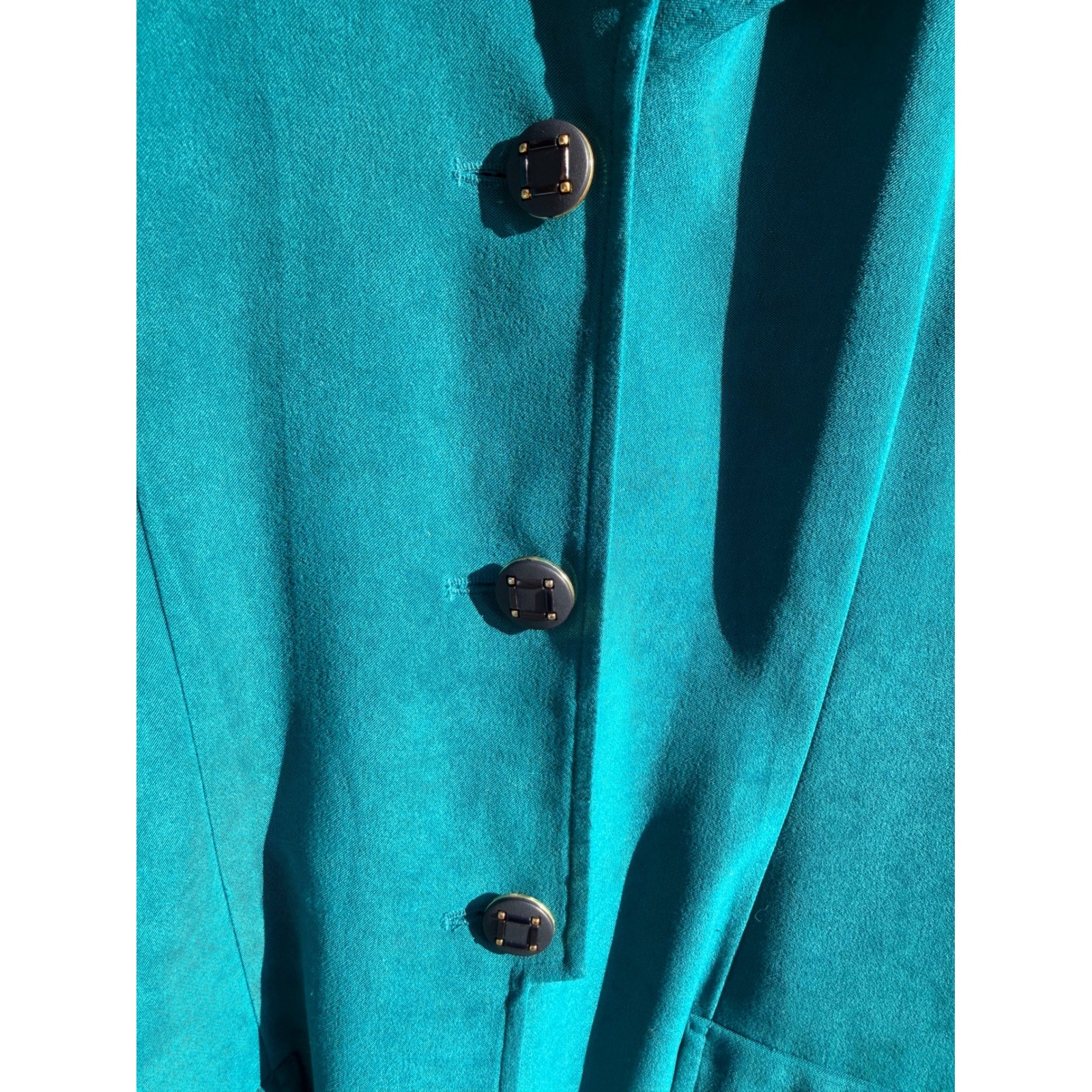 Vintage D.J. Summers Teal Blue Longline Blazer Coat Black Collar Size 14