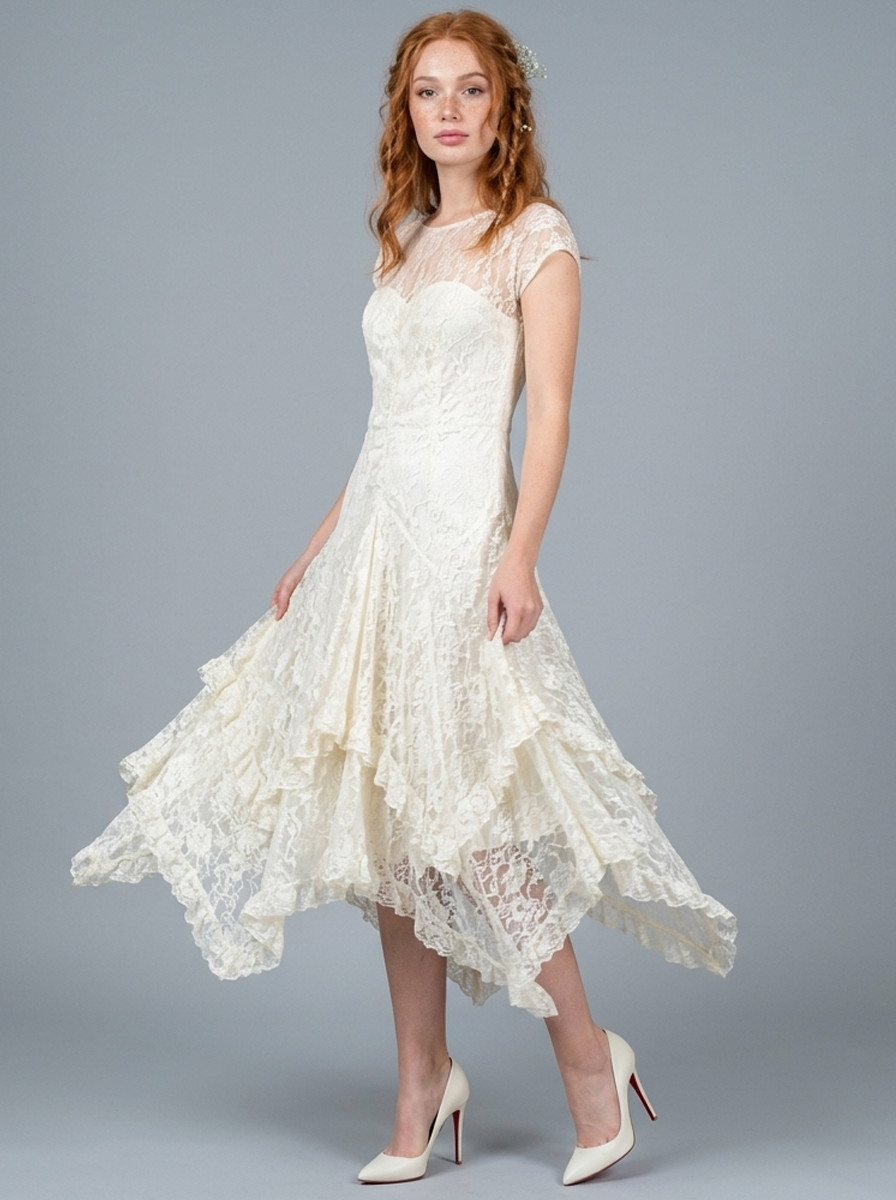 S M Vintage 1970s DEADSTOCK Off White Lace Frilly Flowy Wedding Dress 70s 80s