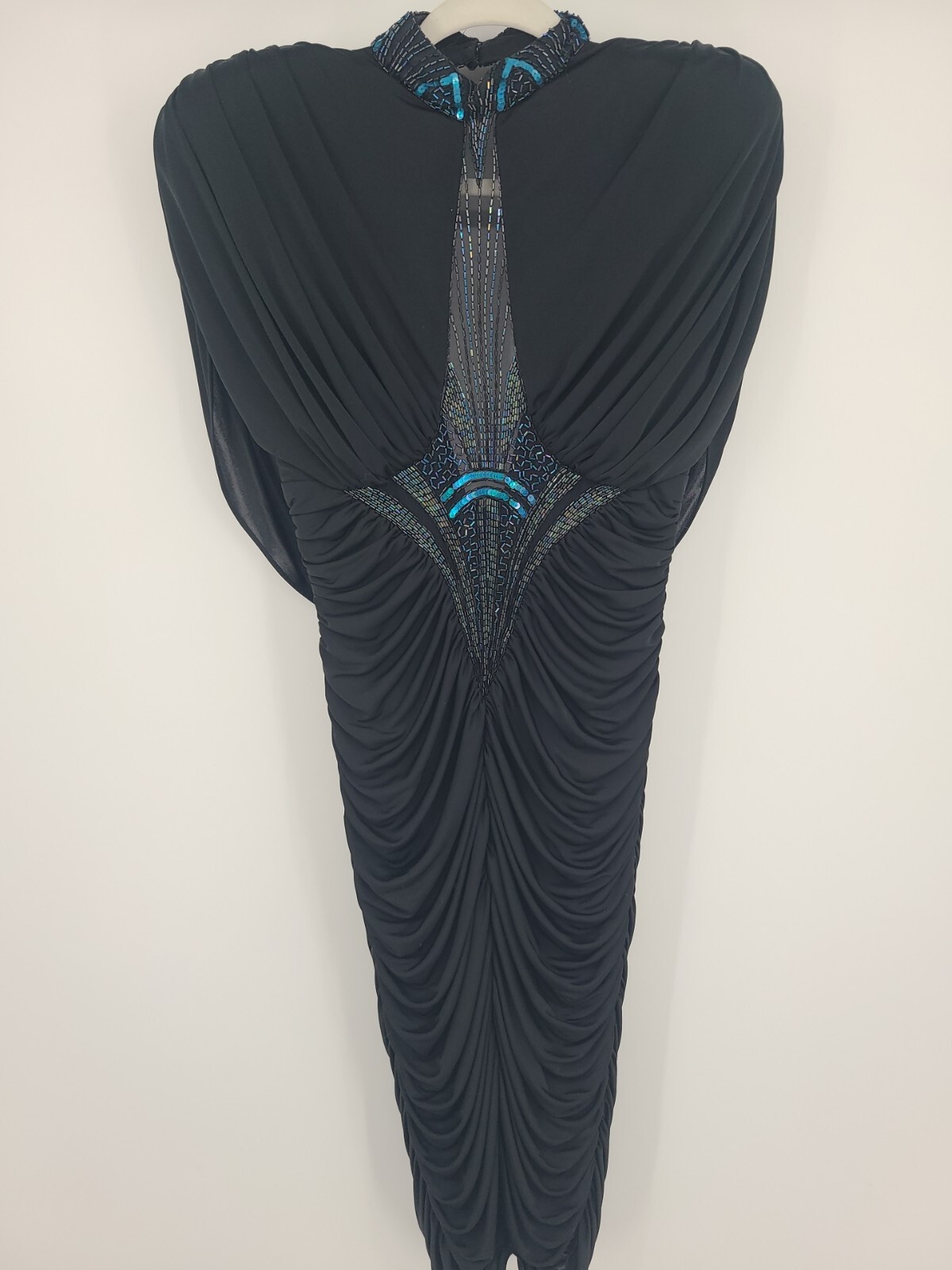 Vintage Eletra Casadei Black Curtain Draped Evening Gown Beaded, Sheer Bodice 10